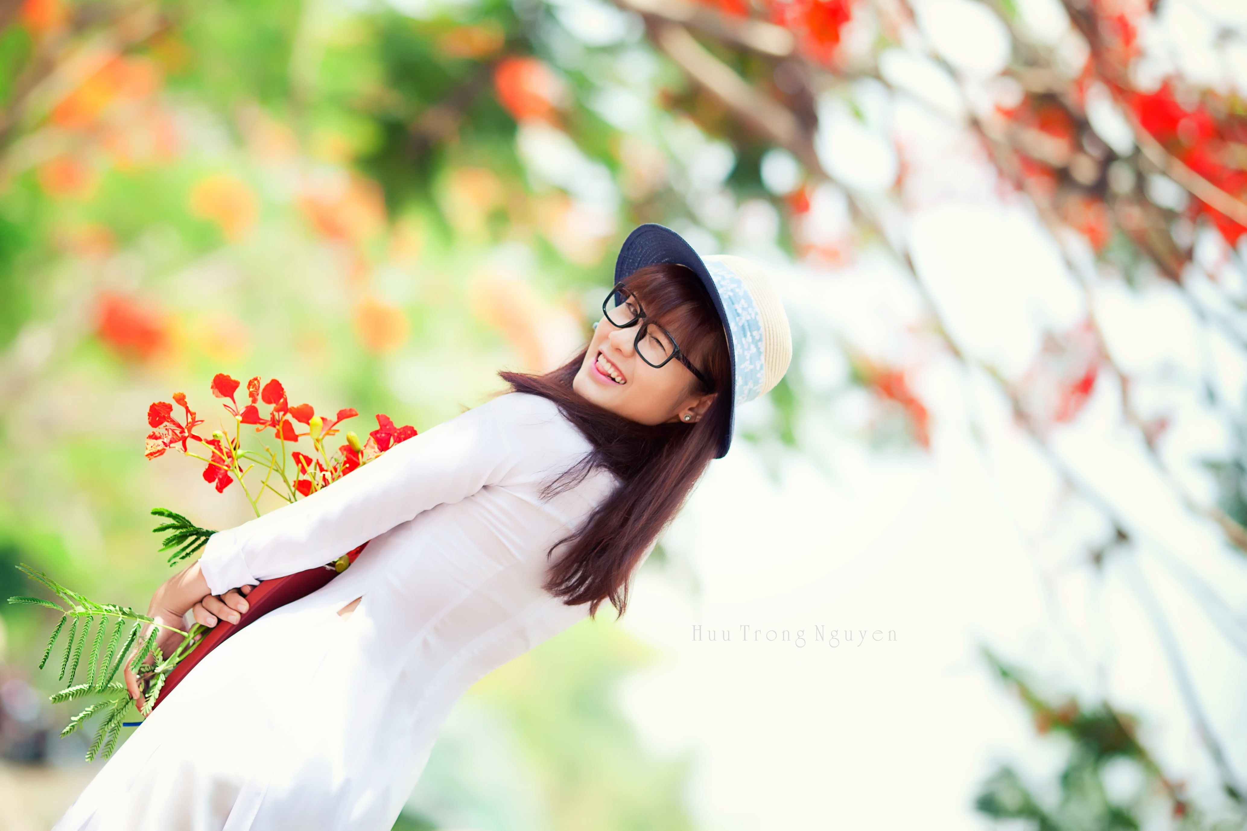 Asian, 4K, beautiful woman, wink, outdoors, standing, hat, leisure activity, women, auburn hair, nature, hairstyle, white dress, fake glasses, real people, HD Wallpaper