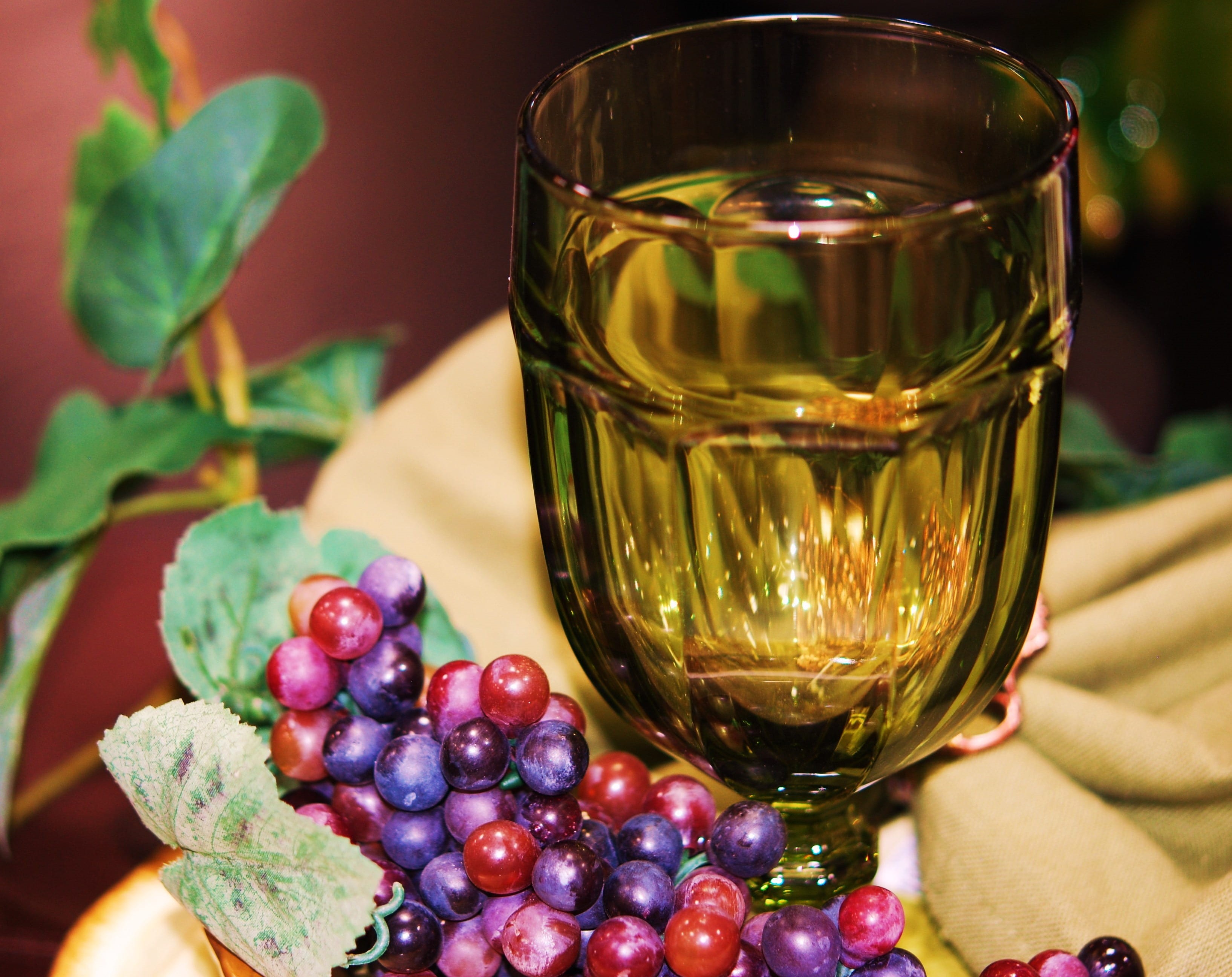 leaf, fruit, food and drink, herb, fake grapes, drink, freshness, food, nature, container, decoration, wellbeing, plant part, silk, close-up, table, table scape, HD Wallpaper