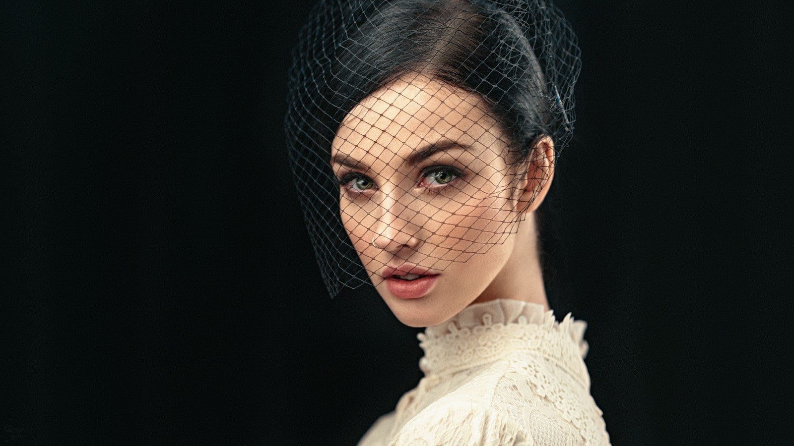 studio shot, headshot, human body part, brown hair, Georgy Chernyadyev, human face, beautiful woman, veil, young women, women, model, beauty, black background, HD Wallpaper