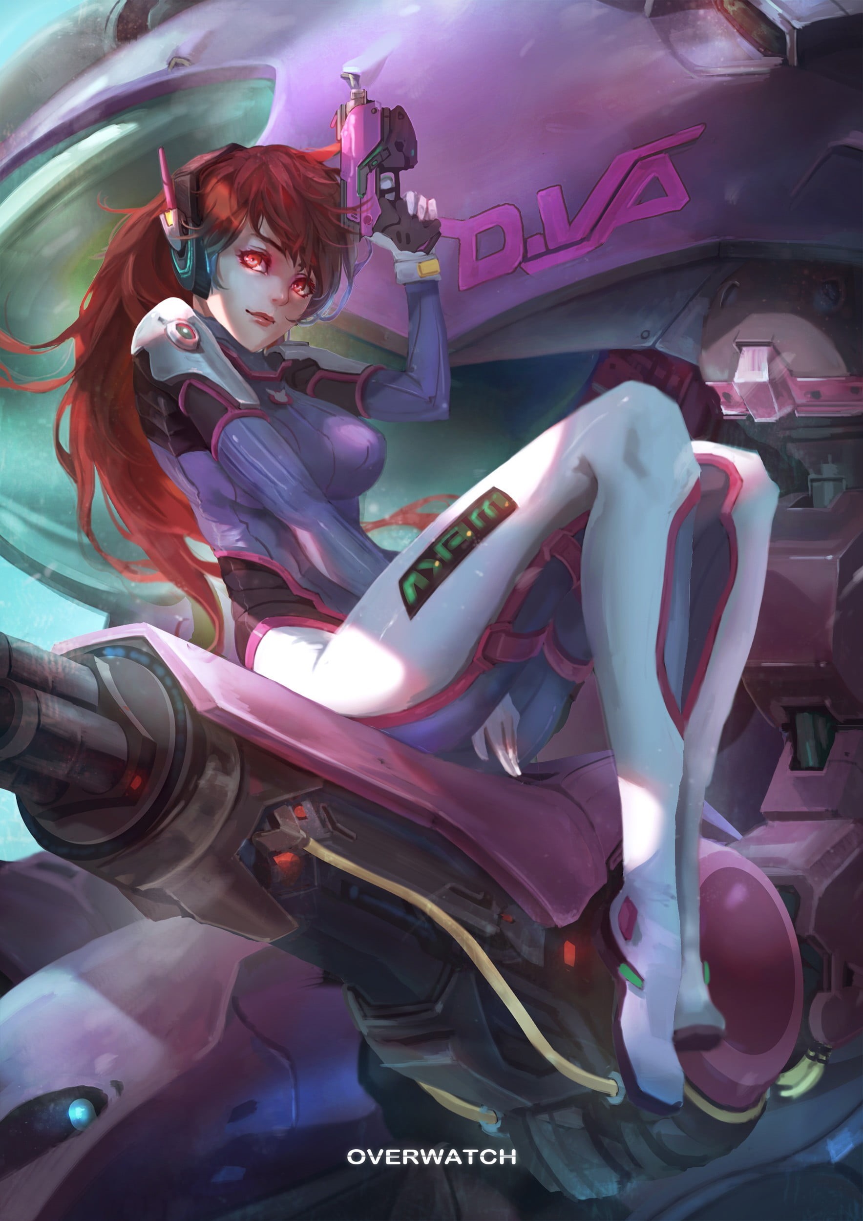 digital, headphones, red eyes, bodysuit, emotion, D.Va (Overwatch), childhood, d, girls, gun, teenager, weapon, arts culture and entertainment, Phone HD Wallpaper