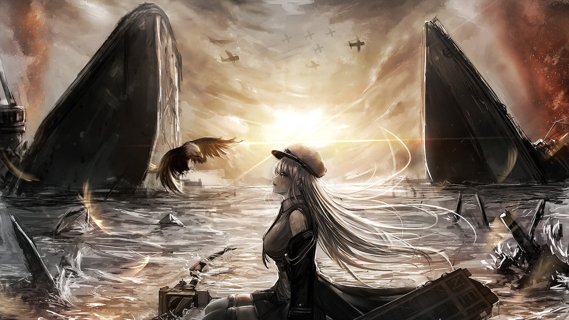 1080P, White Hair, Sunset, Warplane, Enterprise (Azur Lane), Anime, Bird, Azur Lane, Ship, Long Hair, HD Wallpaper