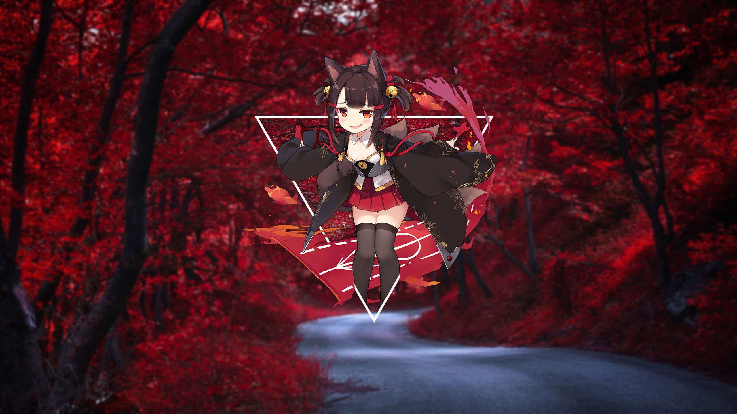 2K, animal ears, miniskirt, anime, Akagi-Chan (Azur Lane), anime girls, stockings, Azur Lane, render in shapes, red eyes, HD Wallpaper