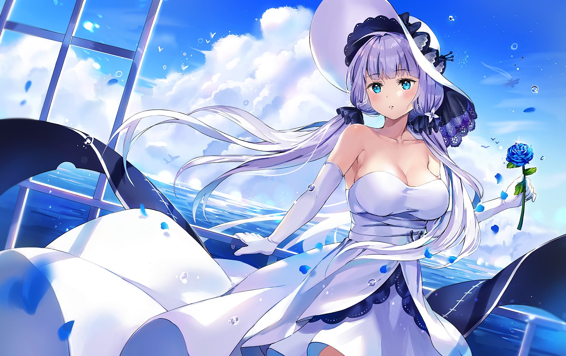 one person, digital composite, dress, cloud - sky, Illustrious (Azur Lane), portrait, blue, 1080P, beauty, hairstyle, art and craft, beautiful woman, clothing, HD Wallpaper