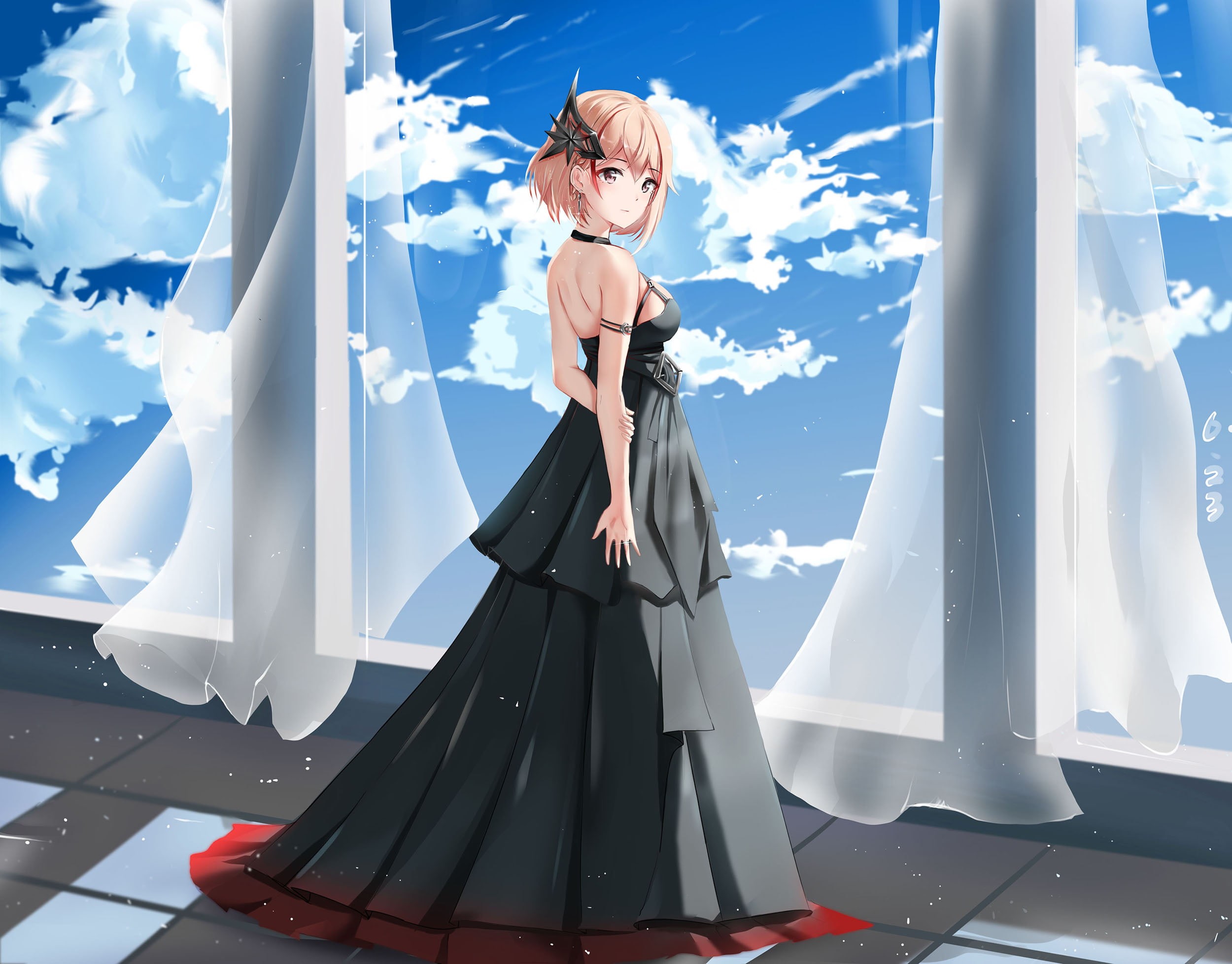 blonde, Qing Wu, 1080P, Roon (Azur Lane), anime, anime girls, Azur Lane, wedding dress, black dress, short hair, HD Wallpaper