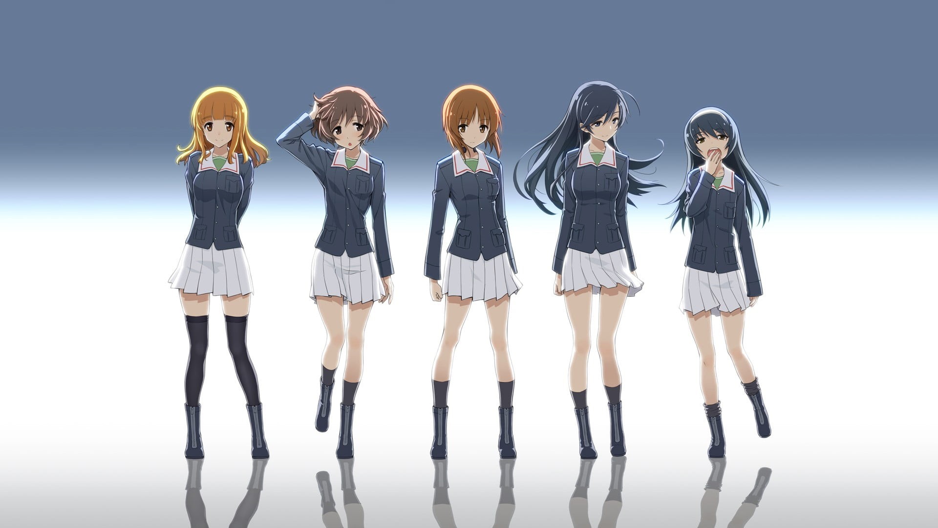 Nishizumi Miho, Reizei Mako, anime girls, fashion, indoors, in a row, Girls und Panzer, standing, front view, clothing, Akiyama Yukari, shoe, togetherness, HD Wallpaper