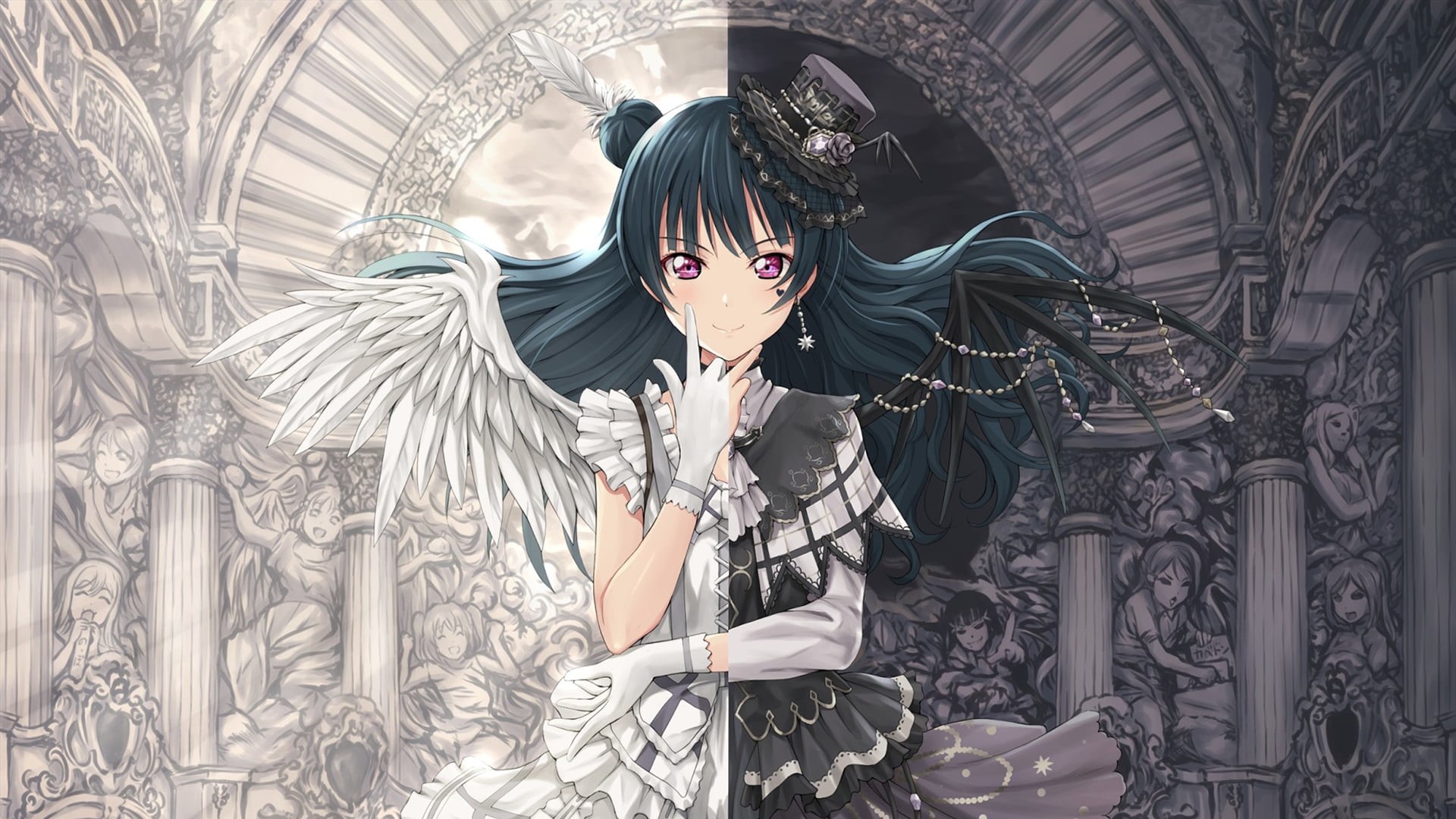 Wings, Long Hair, Dress, Purple Eyes, Yoshiko Tsushima, 1080P, Love Live! Sunshine!!, Anime, HD Wallpaper