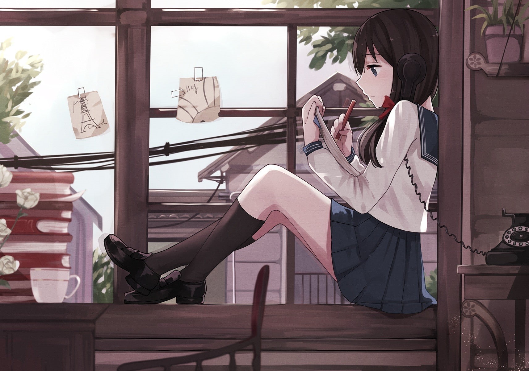 720P, anime, window, school uniform, girls, anime girls, school, 1713x1203, uniform, phone, HD Wallpaper