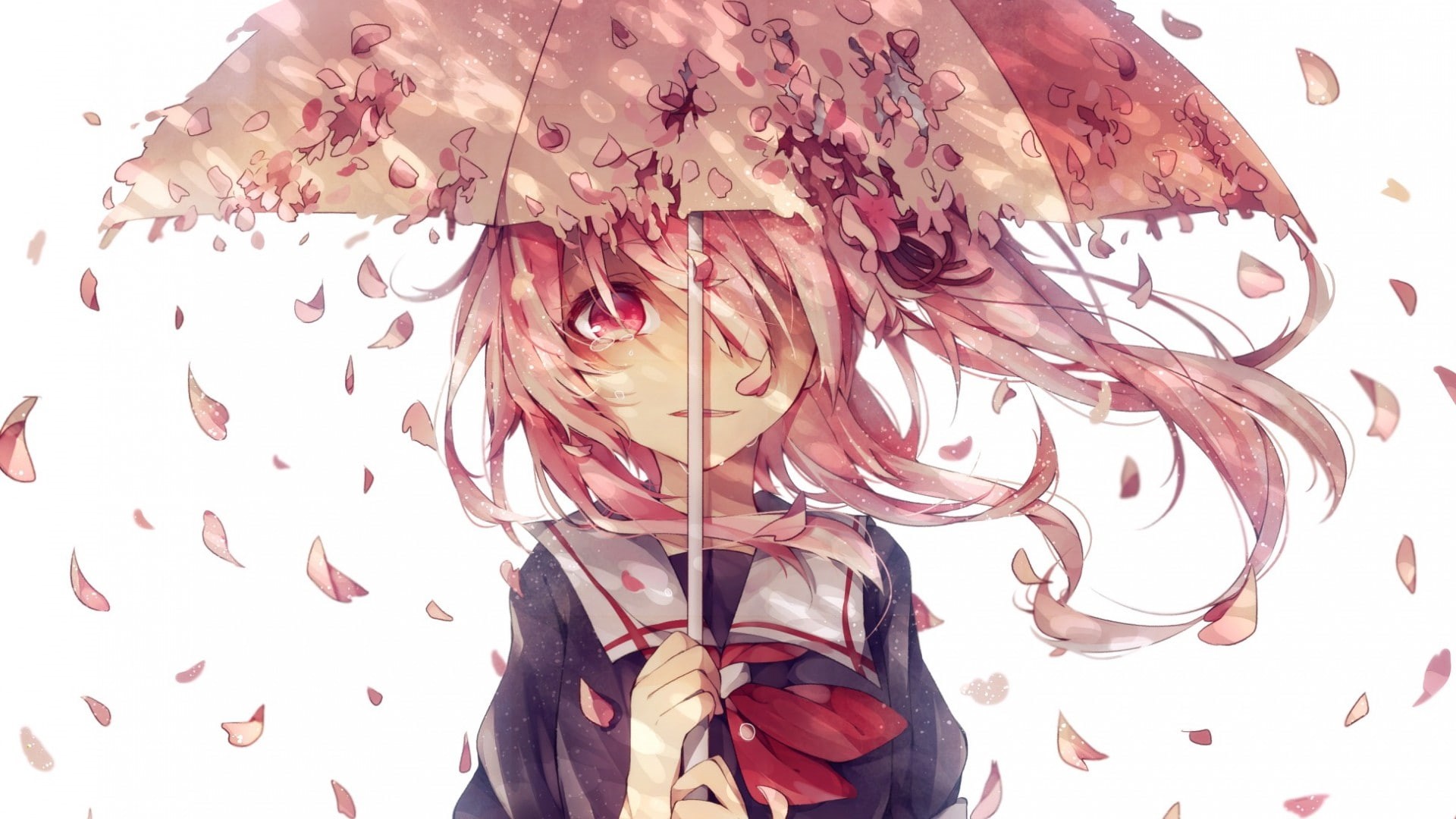 petals, uniforms, anime, 1080P, umbrellas, girls, school uniforms, students, cute, school, HD Wallpaper