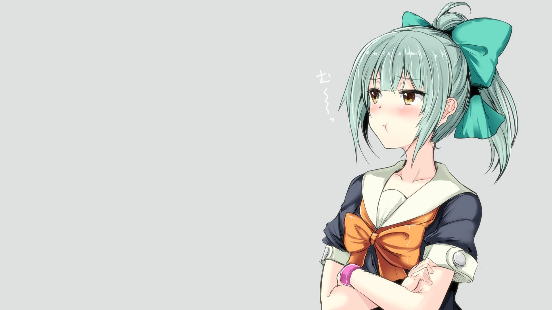 ponytail, arms crossed, 1080P, pouting, brown eyes, ribbon, Yuubari (KanColle), teal hair, school uniform, anime girls, simple background, anime, HD Wallpaper