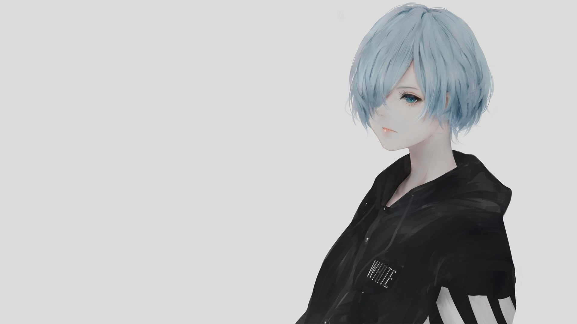 women, leather, looking at camera, anime, manga, young adult, young women, portrait, beauty, turquoise hair, pale, one person, fashion, simple background, HD Wallpaper
