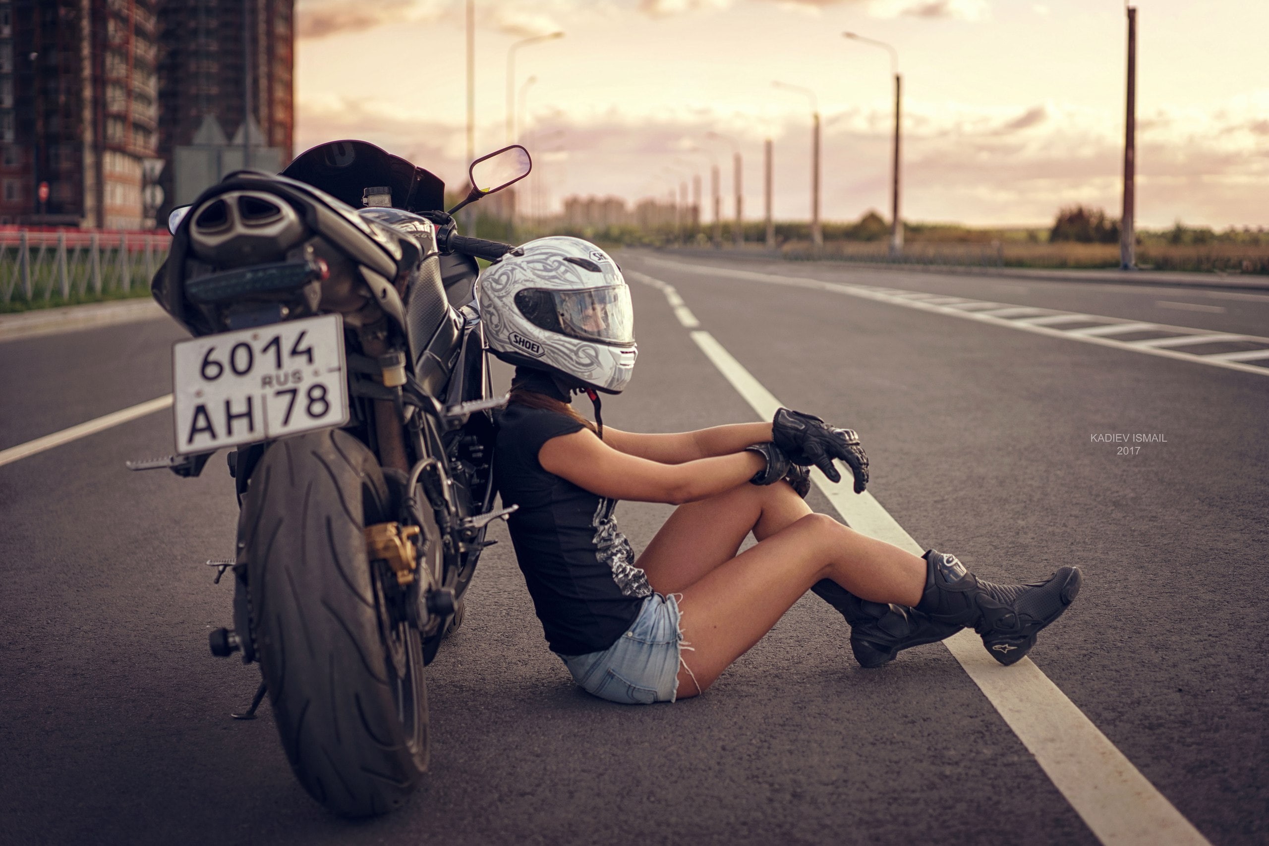 young women, full length, two people, females, city, day, road, helmet, women with bikes, focus on foreground, 2K, sitting, motorcycle, adult, Kadiev Ismail, HD Wallpaper