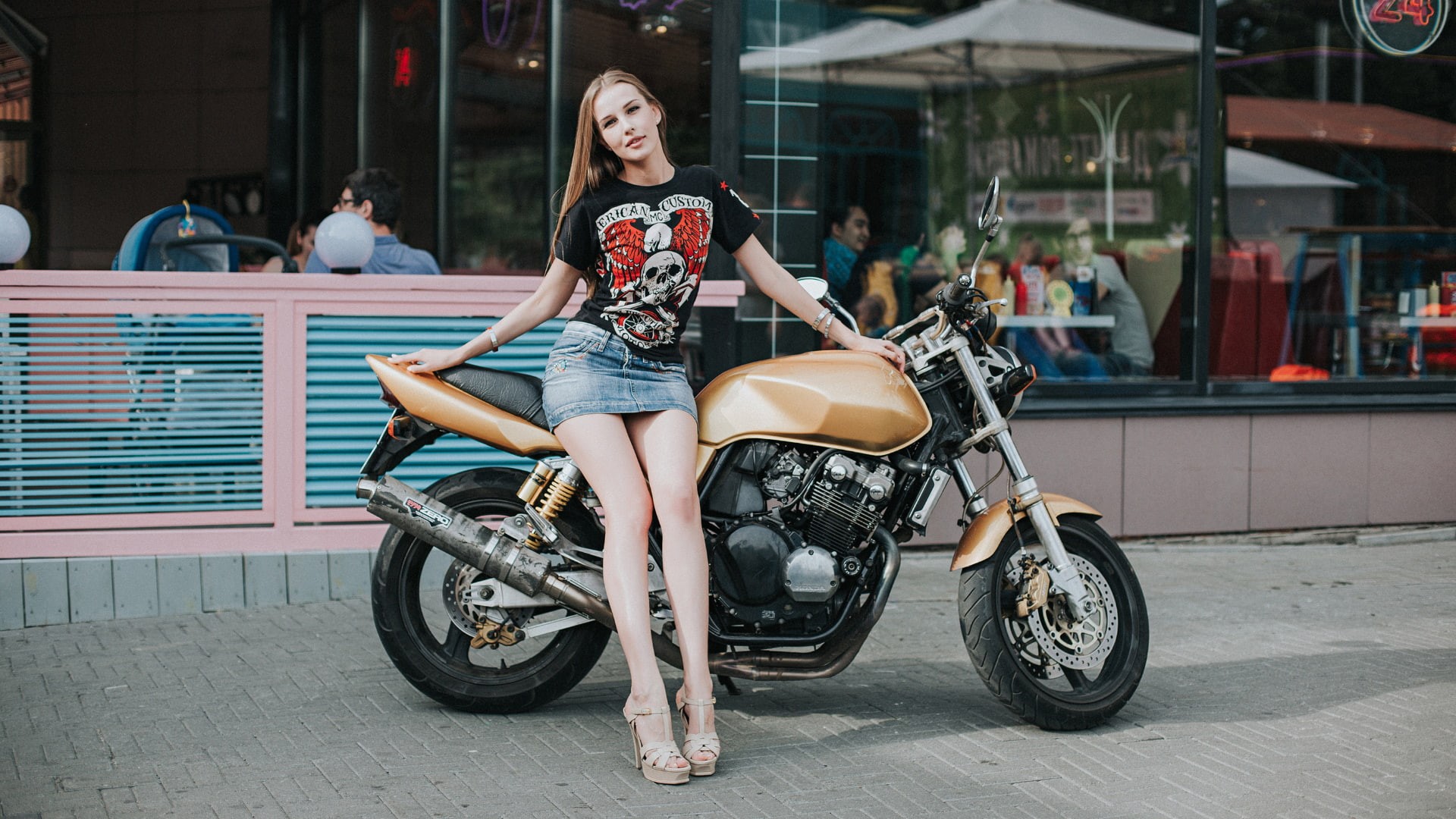 vehicle, motorcycle, women with bikes, model, urban, women, legs, 1080P, HD Wallpaper