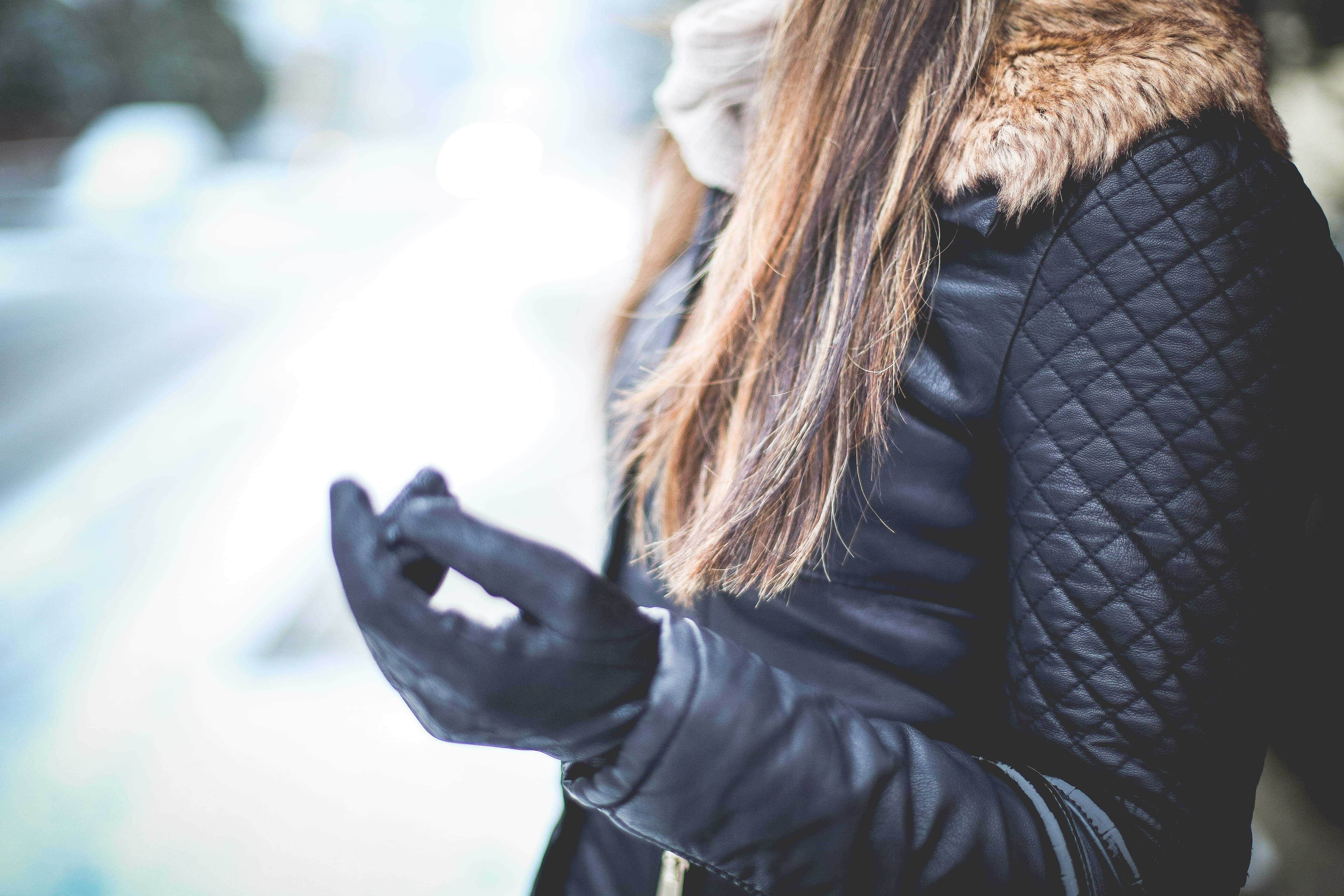 real people, hand, adult, 5K, focus on foreground, jacket, gloves, one woman only, lifestyles, cold - Temperature, leather, warm clothing, Black Leather Jacket, HD Wallpaper