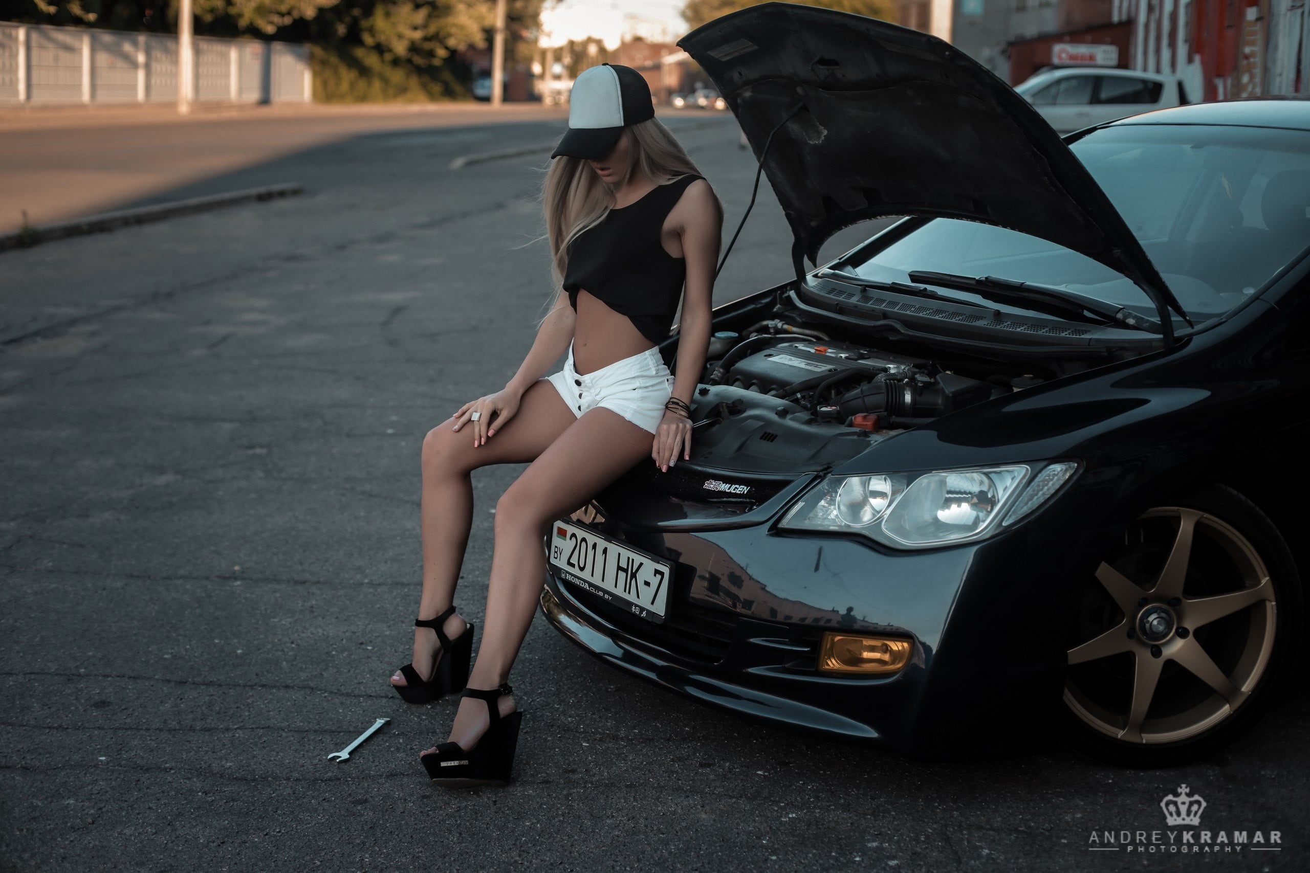 tools, young adult, long hair, transportation, high heels, motor vehicle, women, jean shorts, 2K, women with cars, adult, model, mode of transportation, HD Wallpaper