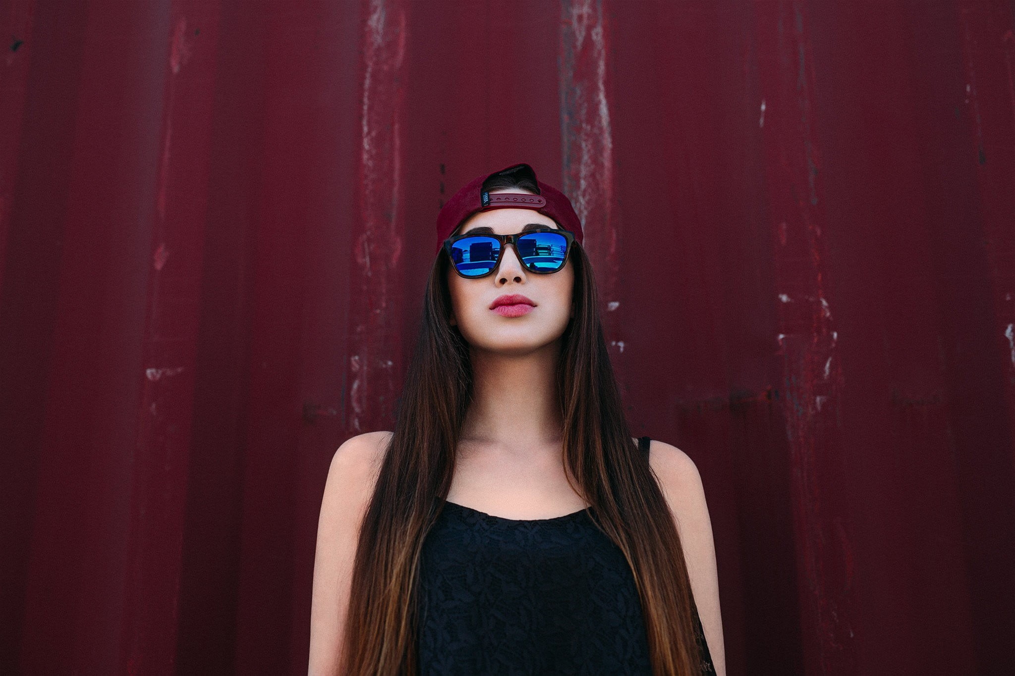 portrait, brunette, young adult, beautiful woman, red, indoors, sunglasses, human face, 1080P, one person, long hair, hair, eyeglasses, fashion, beauty, HD Wallpaper