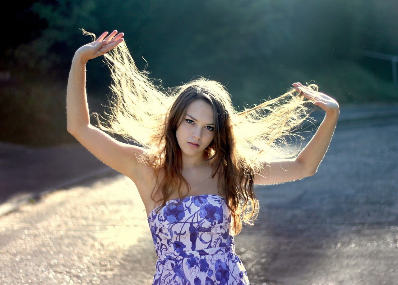 s, purple, beautiful woman, looking at camera, floral, innocence, front view, leisure activity, arms raised, long hair, hair, brunette, lifestyles, 720P, HD Wallpaper