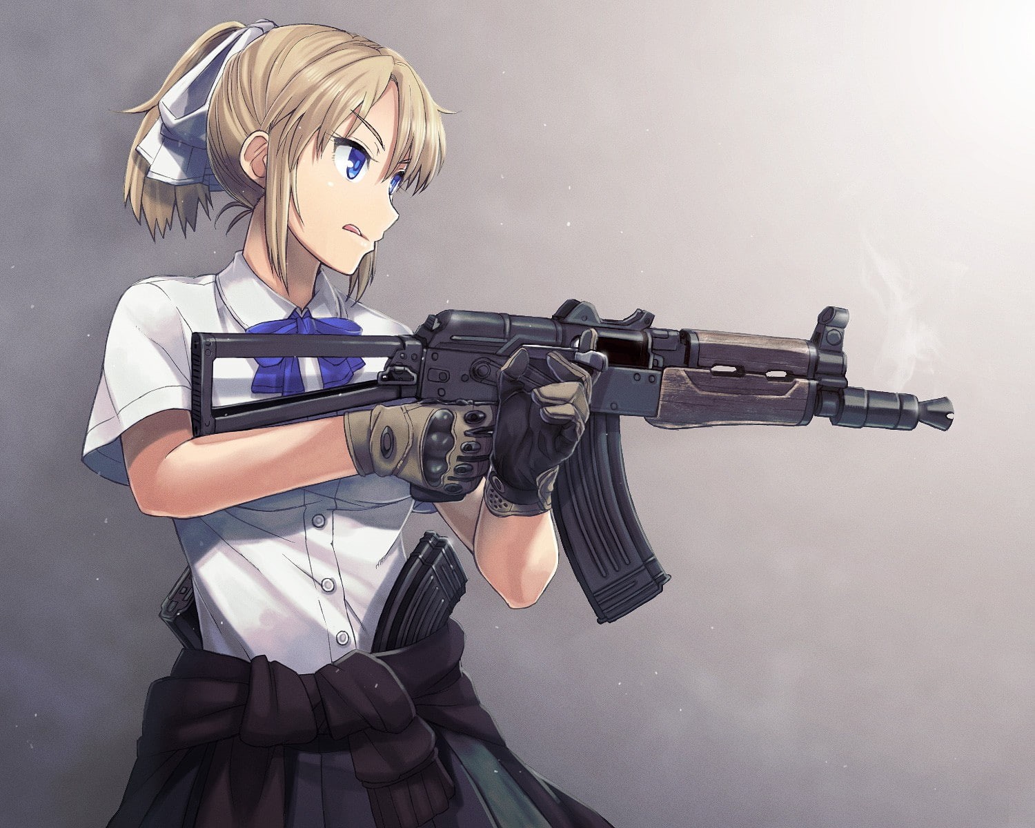 anime girls, waist up, hairstyle, studio shot, protection, machine gun, women, anime, blonde, gloves, 720P, standing, indoors, holding, hair, short hair, HD Wallpaper