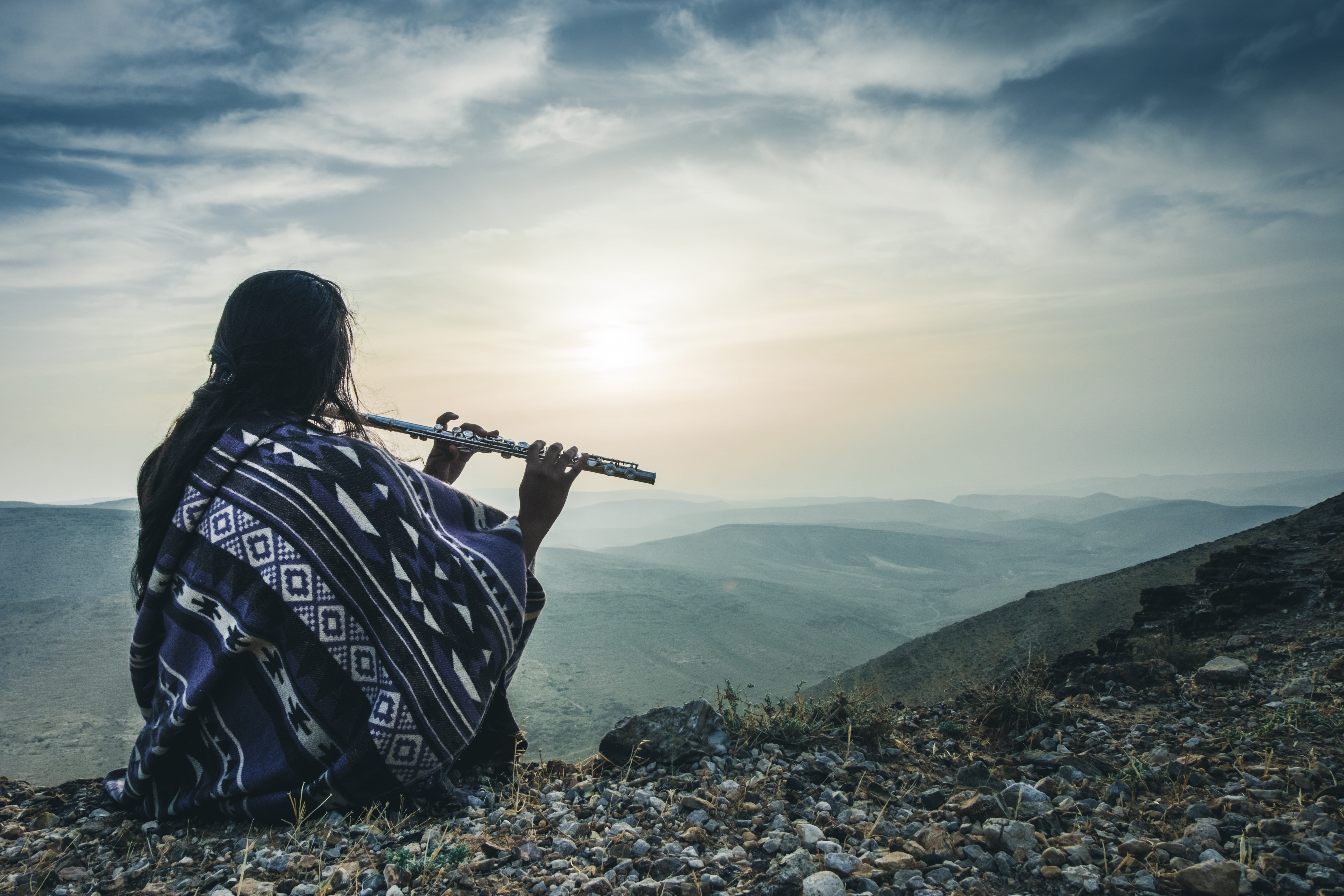 sky, sitting, mountain range, idyllic, 5K, nature, scenics - nature, hill, musical instrument, real people, one person, full length, mountain, leisure activity, HD Wallpaper