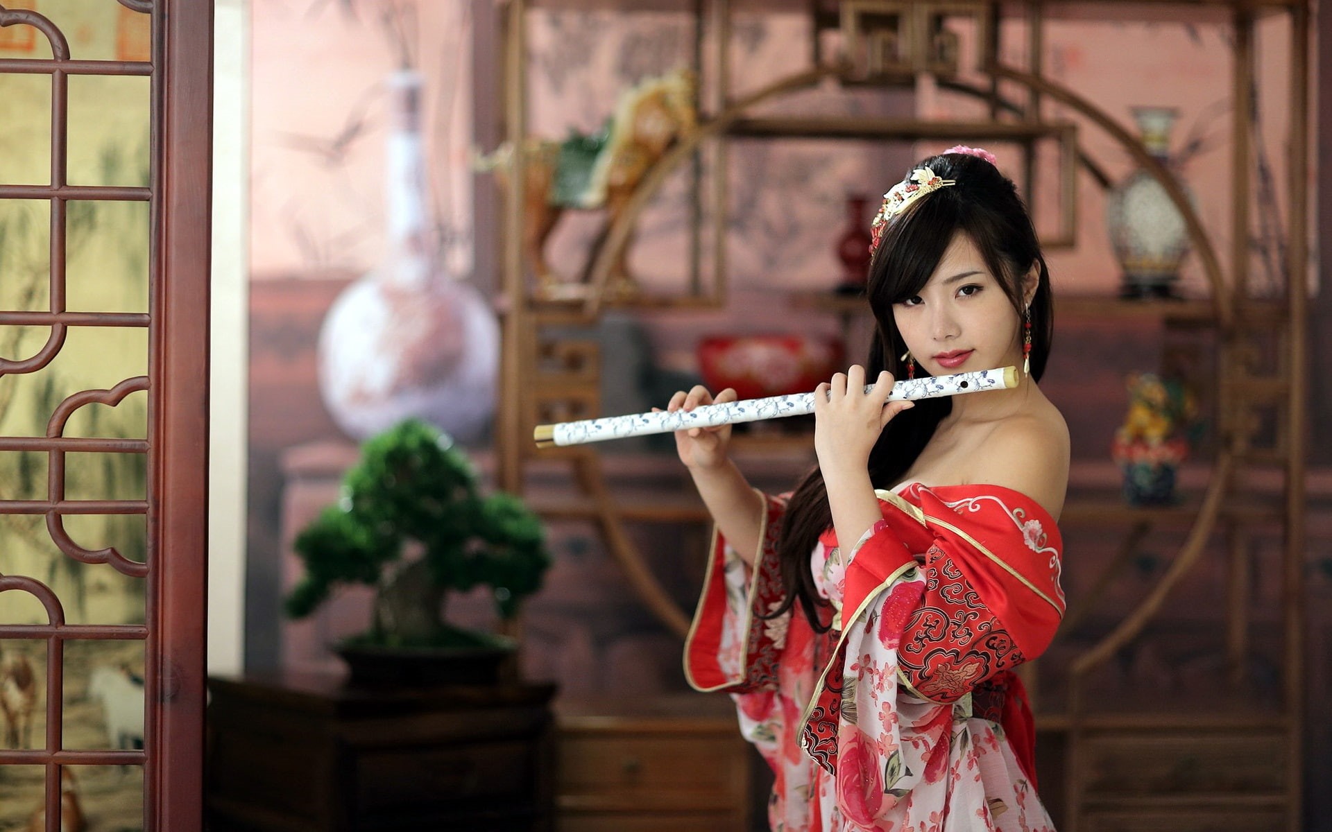 Playing, 1080P, Red, Flute, Dress, Girl, HD Wallpaper
