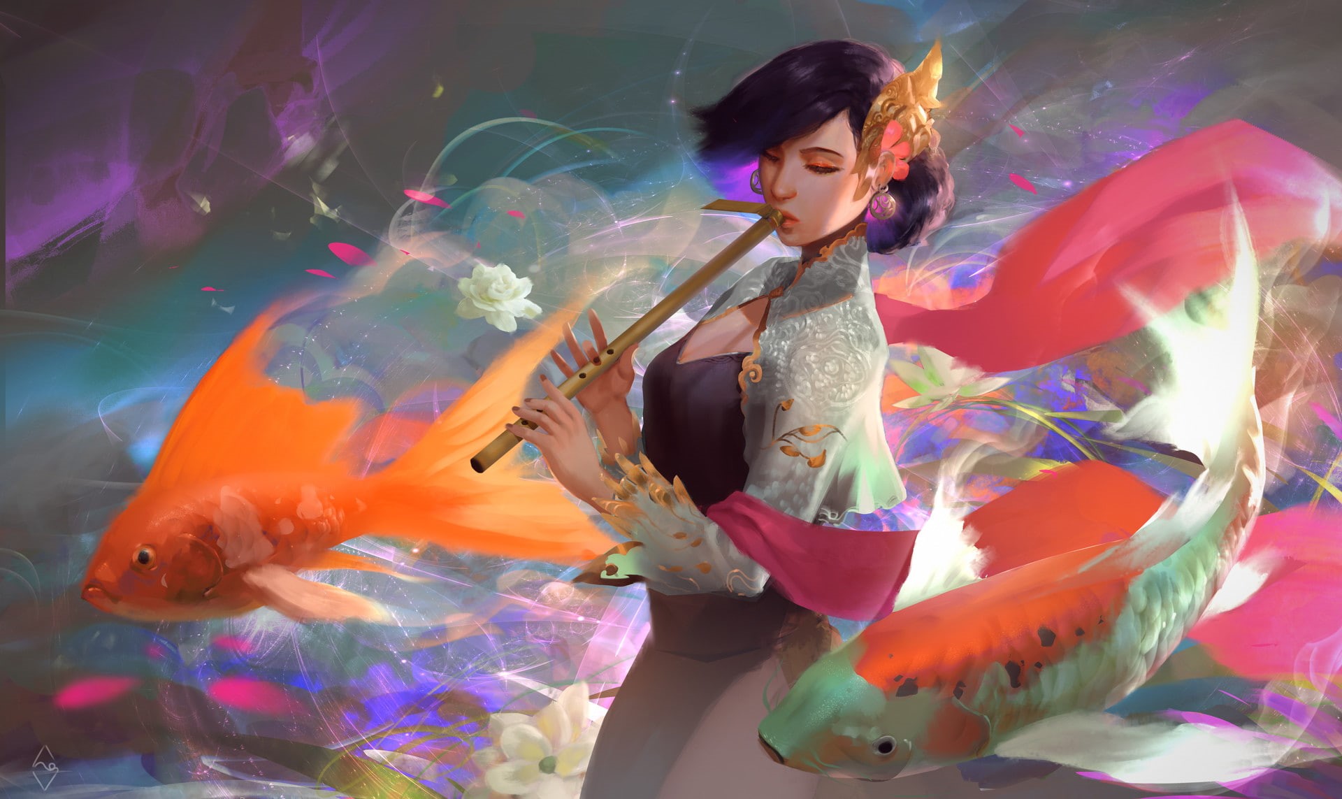 Fahmi Fauzi, portrait, closed eyes, fantasy art, surreal, original characters, digital art, illustration, koi, dress, flute, flowers, 1080P, artwork, women, HD Wallpaper