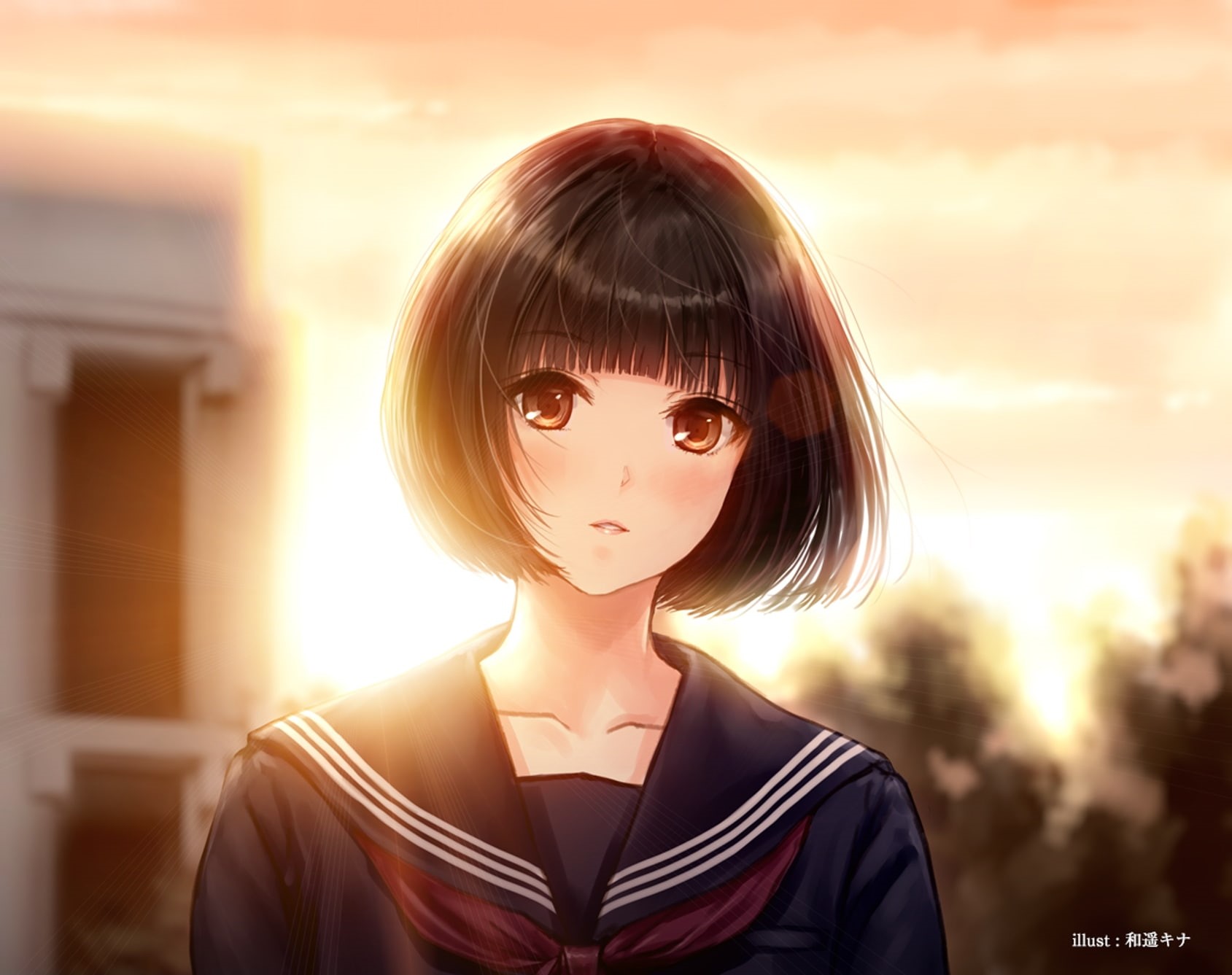 bangs, 720P, Anime, sunset, outdoors, semi realistic, young women, human face, nature, school uniform, fashion, one person, sunlight, hairstyle, young adult, HD Wallpaper
