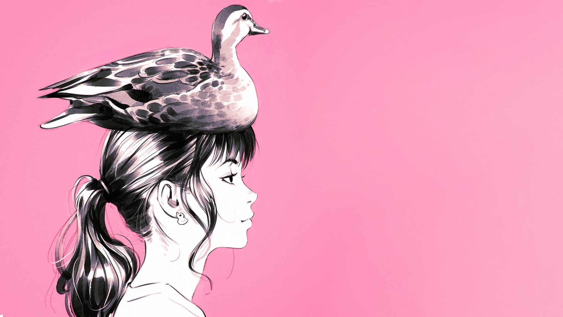 semi realistic, 1080P, Anime, anime girl, profile view, duck on head, HD Wallpaper