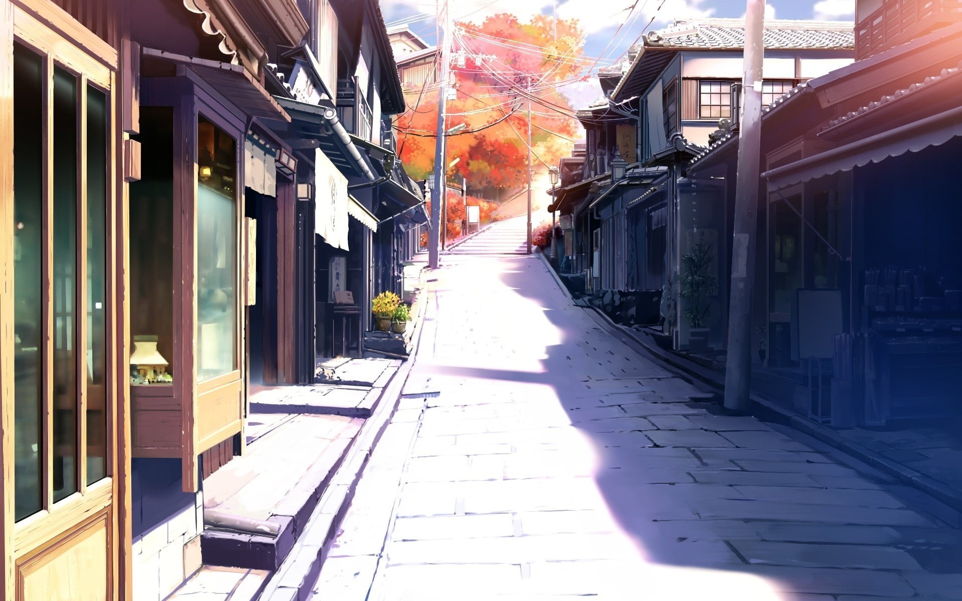 building, day, street, anime landscape, outdoors, direction, plant, no people, shadow, rail transportation, nature, footpath, transportation, road, building exterior, HD Wallpaper