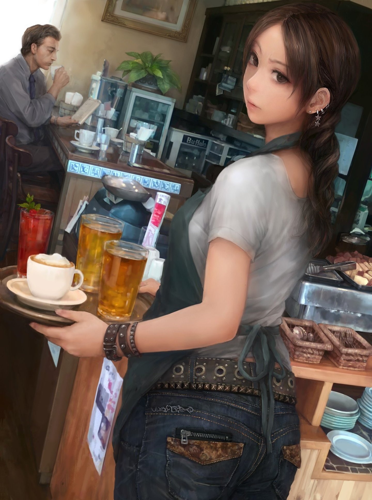 semi realistic, waitress, 1080P, Anime, brunette, anime girl, Phone HD Wallpaper