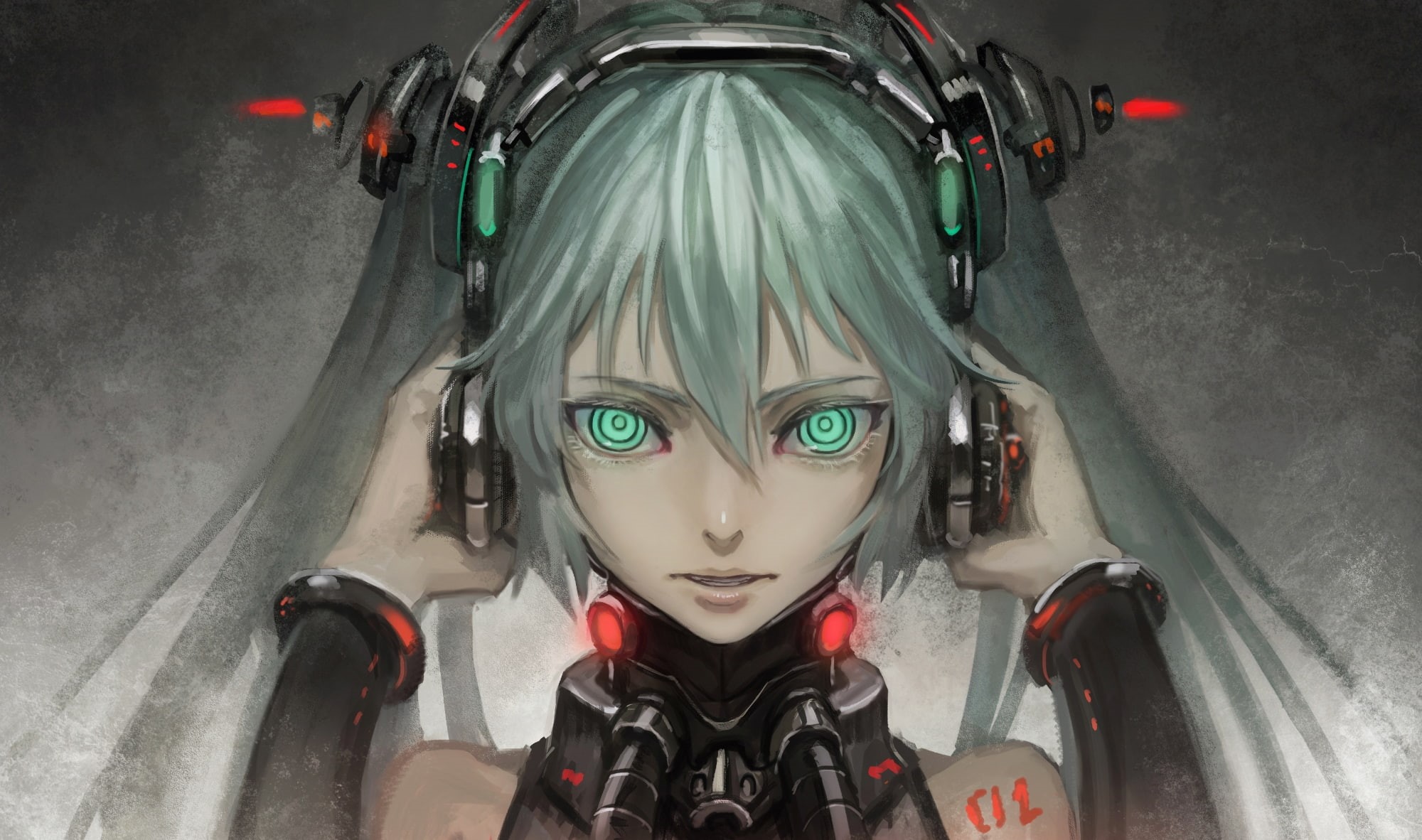 hatsune miku, painting, 1080P, Anime, headphones, semi realistic, vocaloid, HD Wallpaper