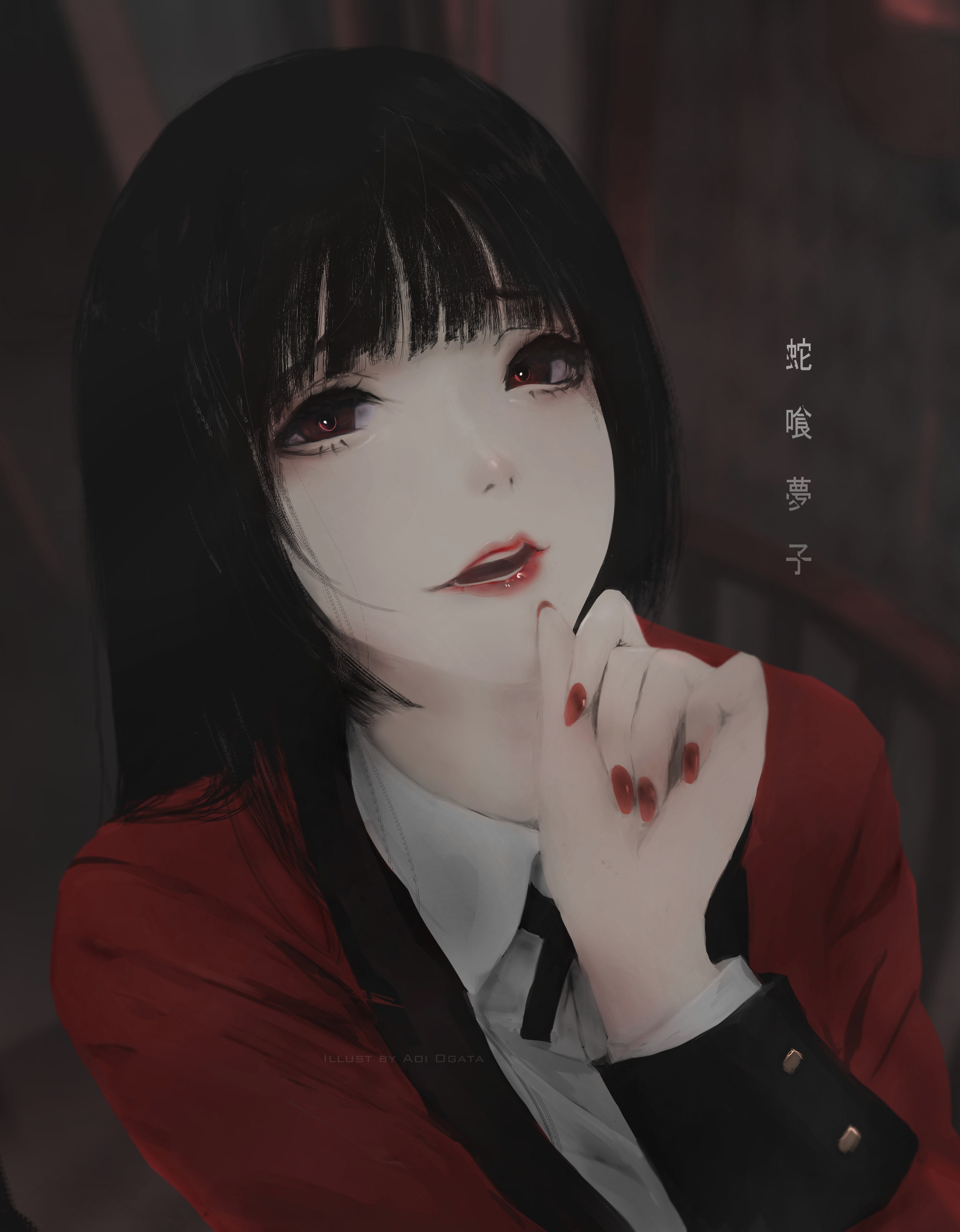 one person, cuffs, young adult, red, 4K, black hair, focus on foreground, digital composite, lifestyles, kakegurui, beautiful woman, red eyes, Anime, lipstick, Phone HD Wallpaper