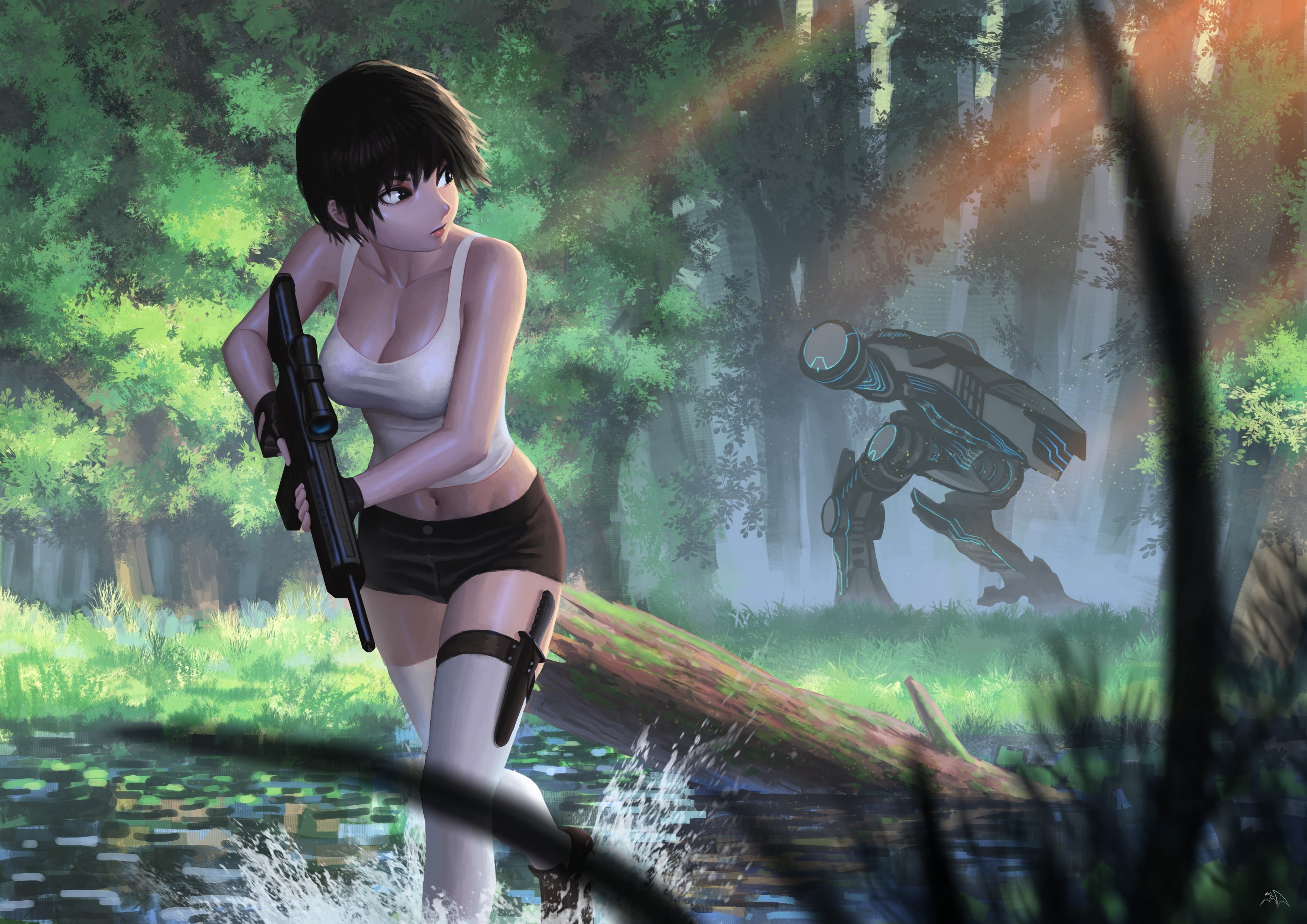 gunner, real people, growth, anime girl, holding, reflection, plant, land, mecha, tree, outdoors, leisure activity, forest, 2K, Anime, full length, one person, HD Wallpaper