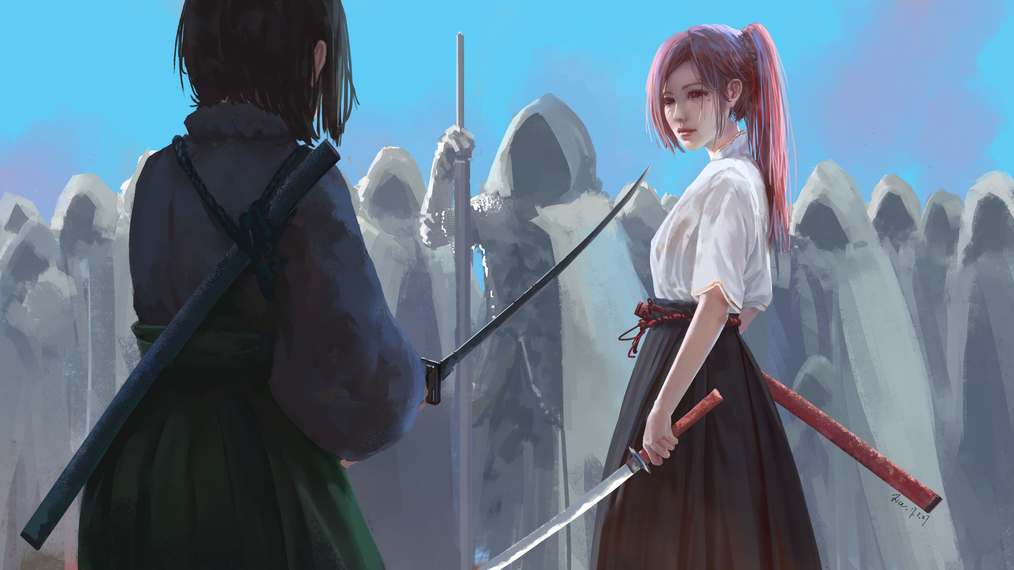 adult, people, leisure activity, fighting, nature, sunlight, anime girls, day, hairstyle, clothing, sky, 4K, pink hair, real people, samurai, three quarter length, HD Wallpaper