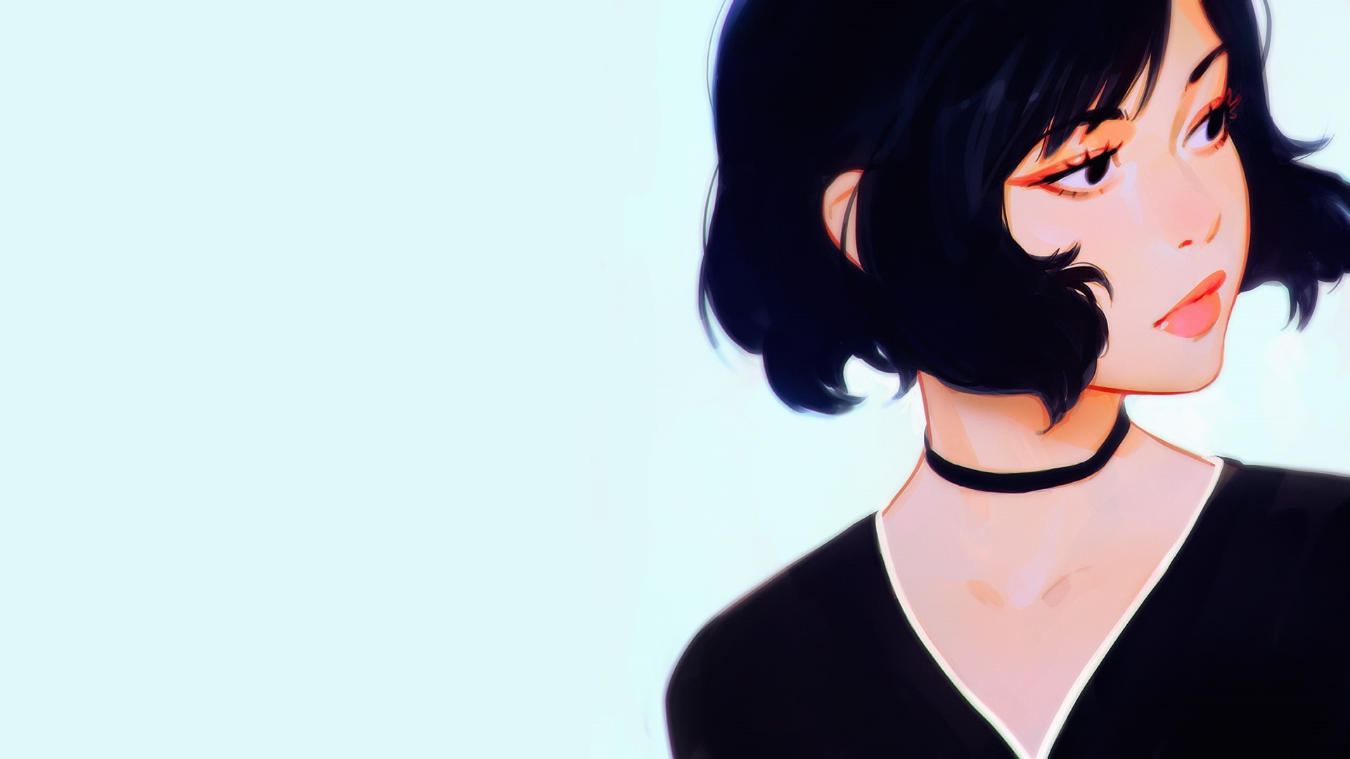 looking away, 1080P, headshot, indoors, young women, Anime, hairstyle, fashion, women, close-up, studio shot, anime girl, blue background, young adult, HD Wallpaper