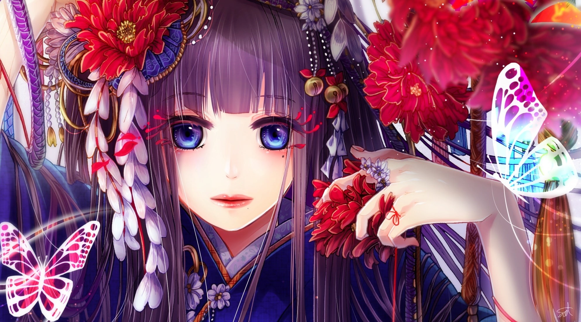 adult, indoors, anime girl, red, young adult, arts culture and entertainment, women, Anime, hairstyle, looking at camera, close-up, beauty, butterfly, real people, HD Wallpaper