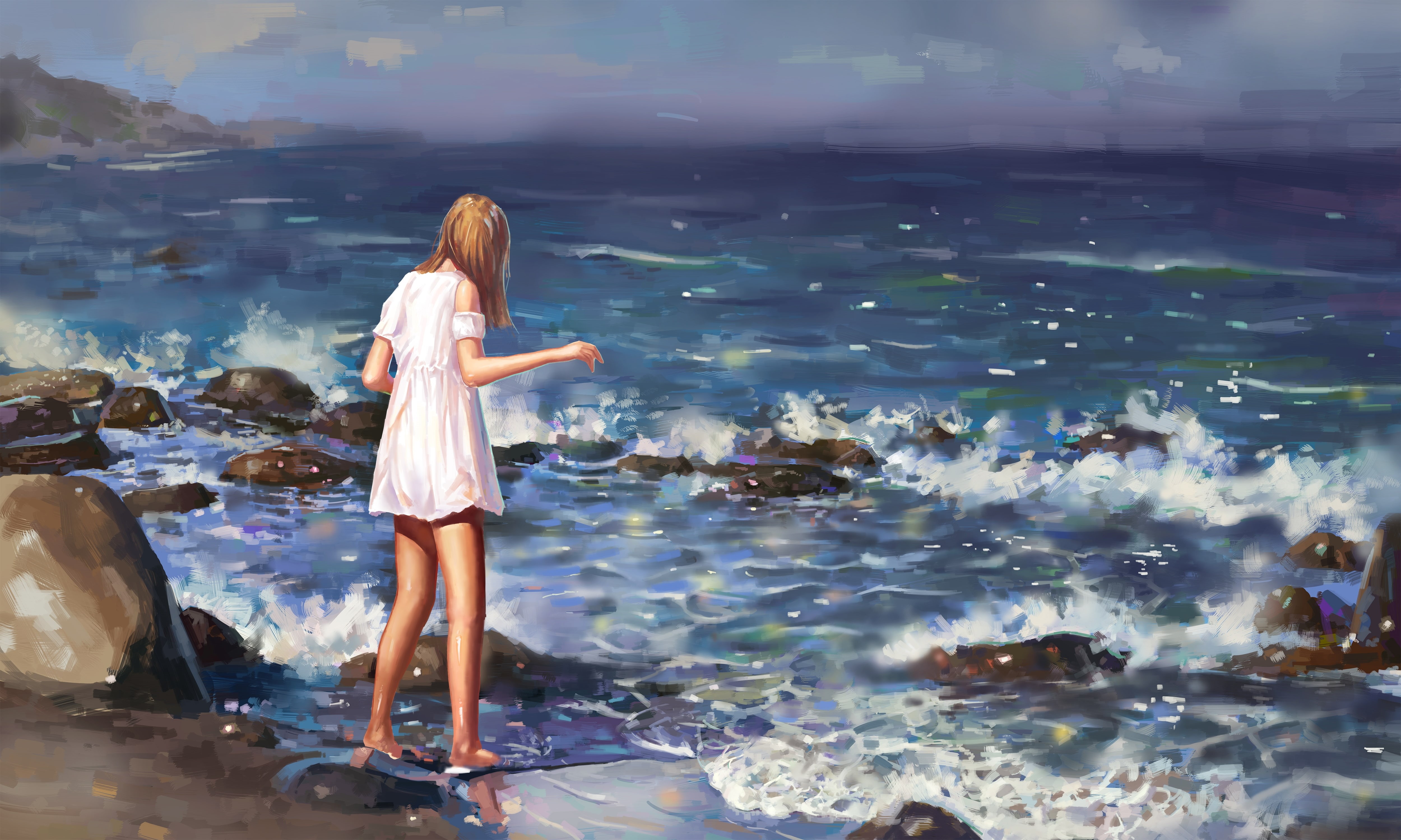 4K, rear view, one person, lifestyles, young women, adult, anime girl, rocks, young adult, water, standing, outdoors, fashion, full length, women, summer dress, HD Wallpaper