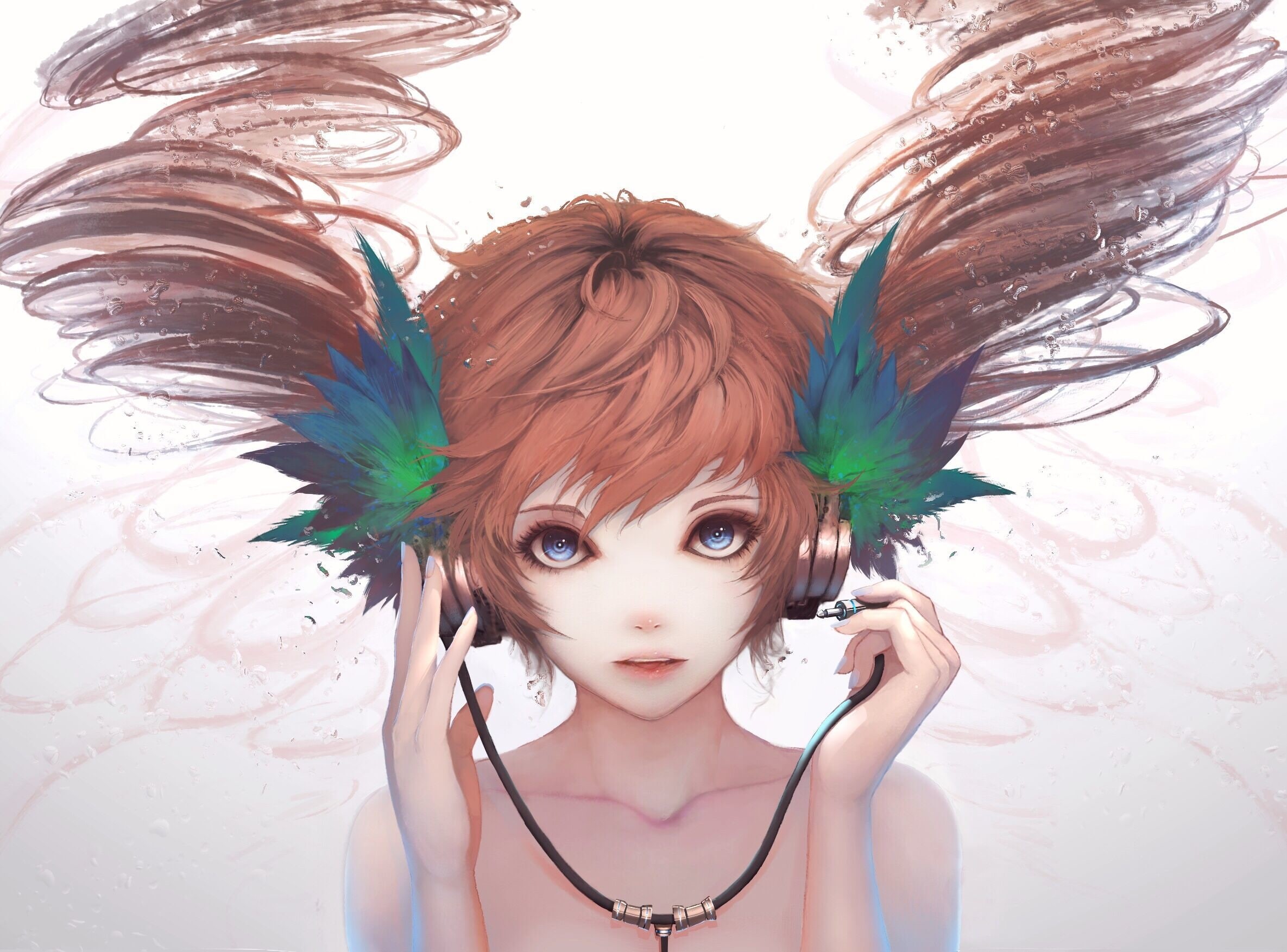 adult, 1080P, looking at camera, young adult, indoors, feather, headdress, Anime, beautiful woman, portrait, headshot, women, headphones, hairstyle, leisure activity, HD Wallpaper
