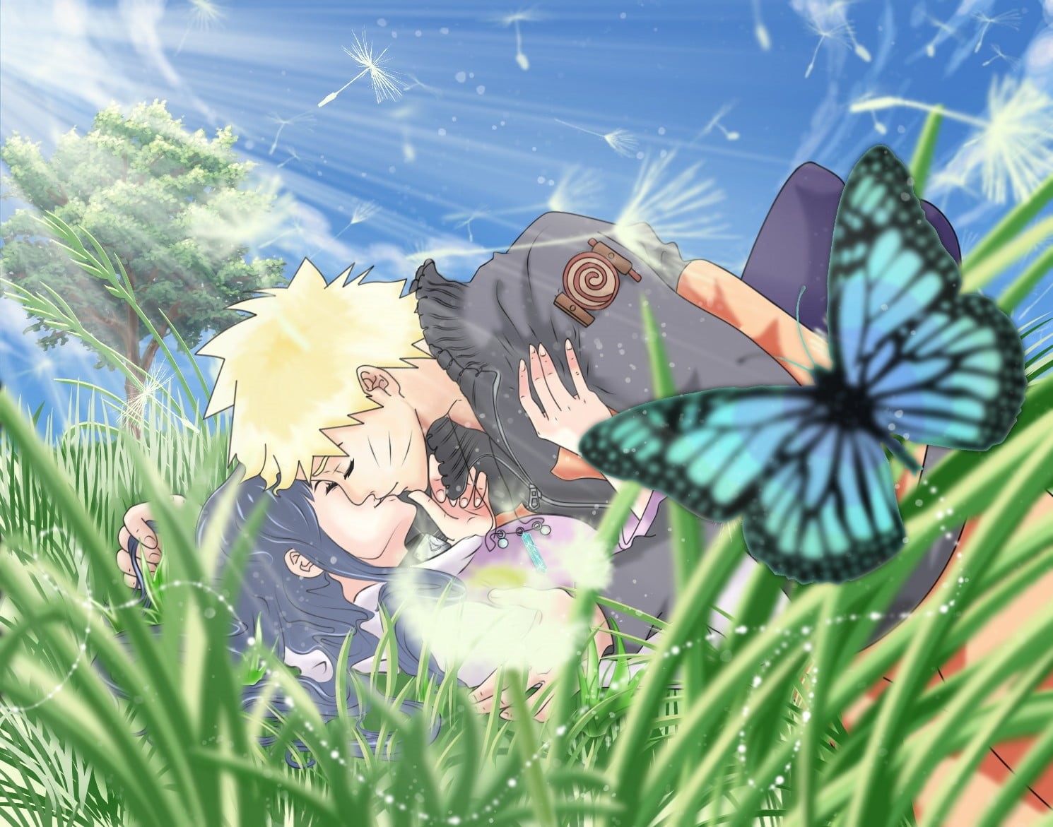anime girls, plant, fragility, real people, beauty in nature, lifestyles, flowering plant, representation, naruto, Hyuuga Hinata, flower head, grass, butterfly, HD Wallpaper