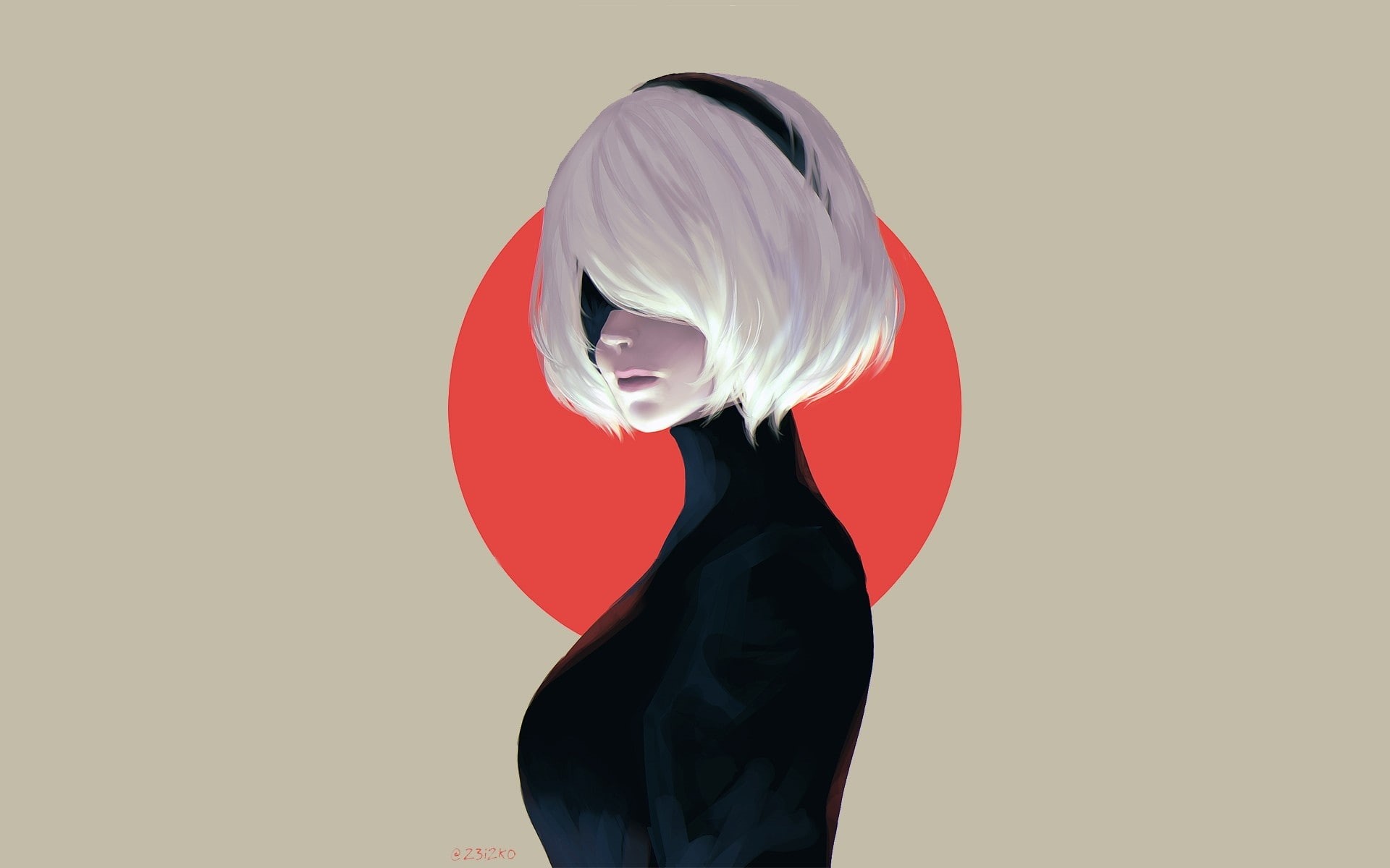 hairstyle, adult, beautiful woman, waist up, yorha no.2 type b, obscured face, women, colored background, white background, anime style, white hair, portrait, HD Wallpaper