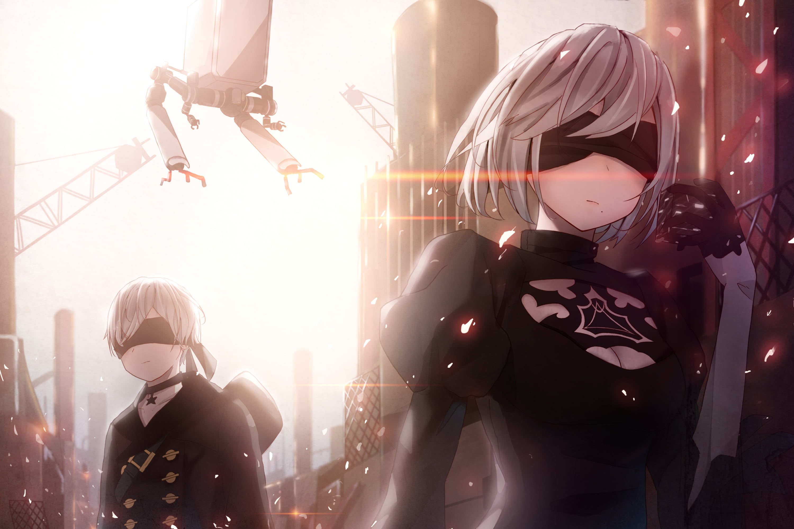 industrial city, video games, sunlight, blindfold, 2B, cleavage, men, real people, architecture, leisure activity, nature, sparks, white hair, group of people, HD Wallpaper