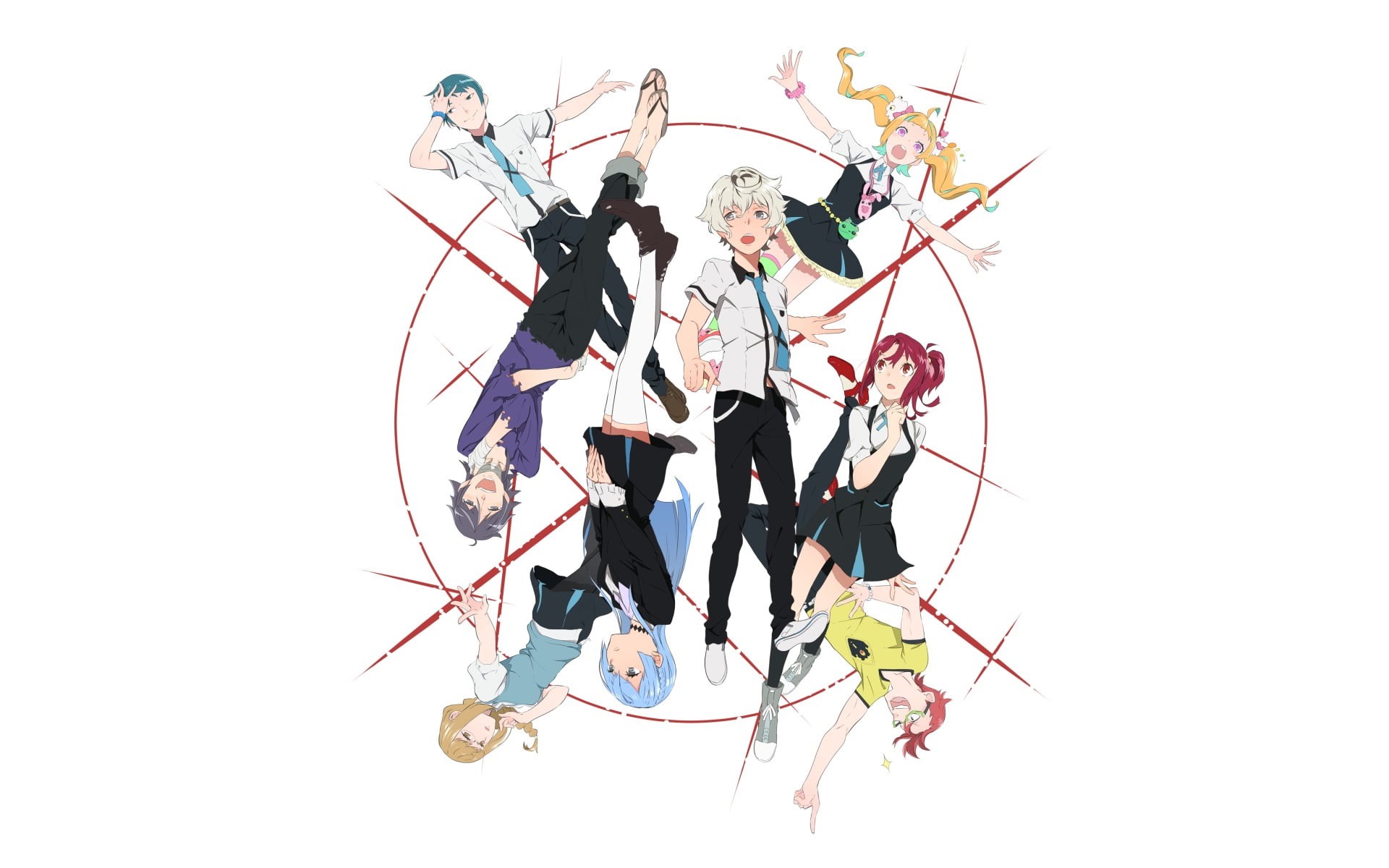 Takashiro Chidori, cut out, Hisomu Yoshiharu, Sonozaki Noriko, togetherness, young men, full length, Honoka Maki, men, Kiznaiver, white background, copy space, HD Wallpaper