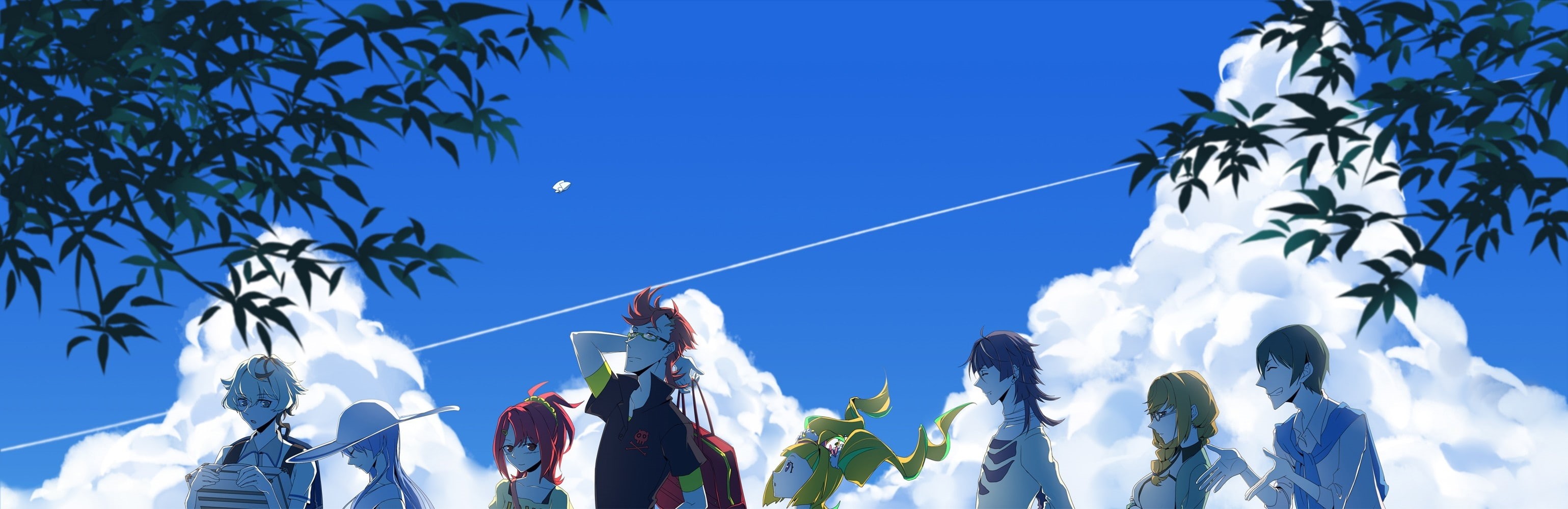blue, takashiro chidori, multi colored, tenga hajime, hanging, 2K, day, clear sky, cold temperature, low angle view, outdoors, Anime, honoka maki, mountain, HD Wallpaper
