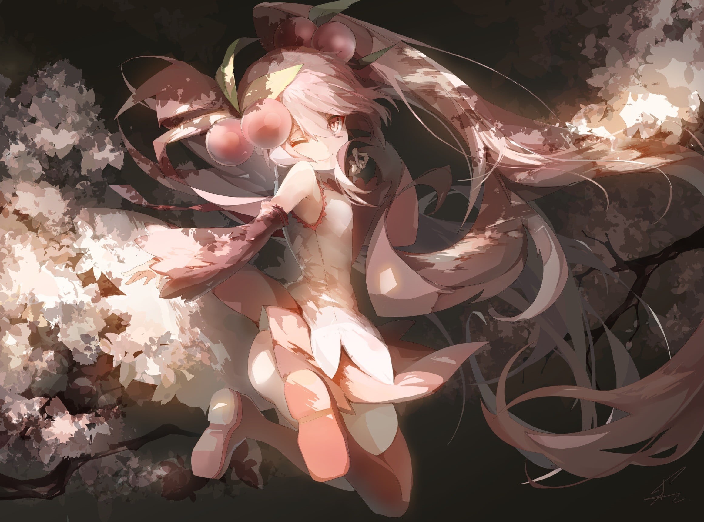 twintails, pink hair, no people, day, beauty in nature, Vocaloid, anime, illuminated, cherry blossom, thigh-highs, Sakura Miku, high angle view, close-up, HD Wallpaper