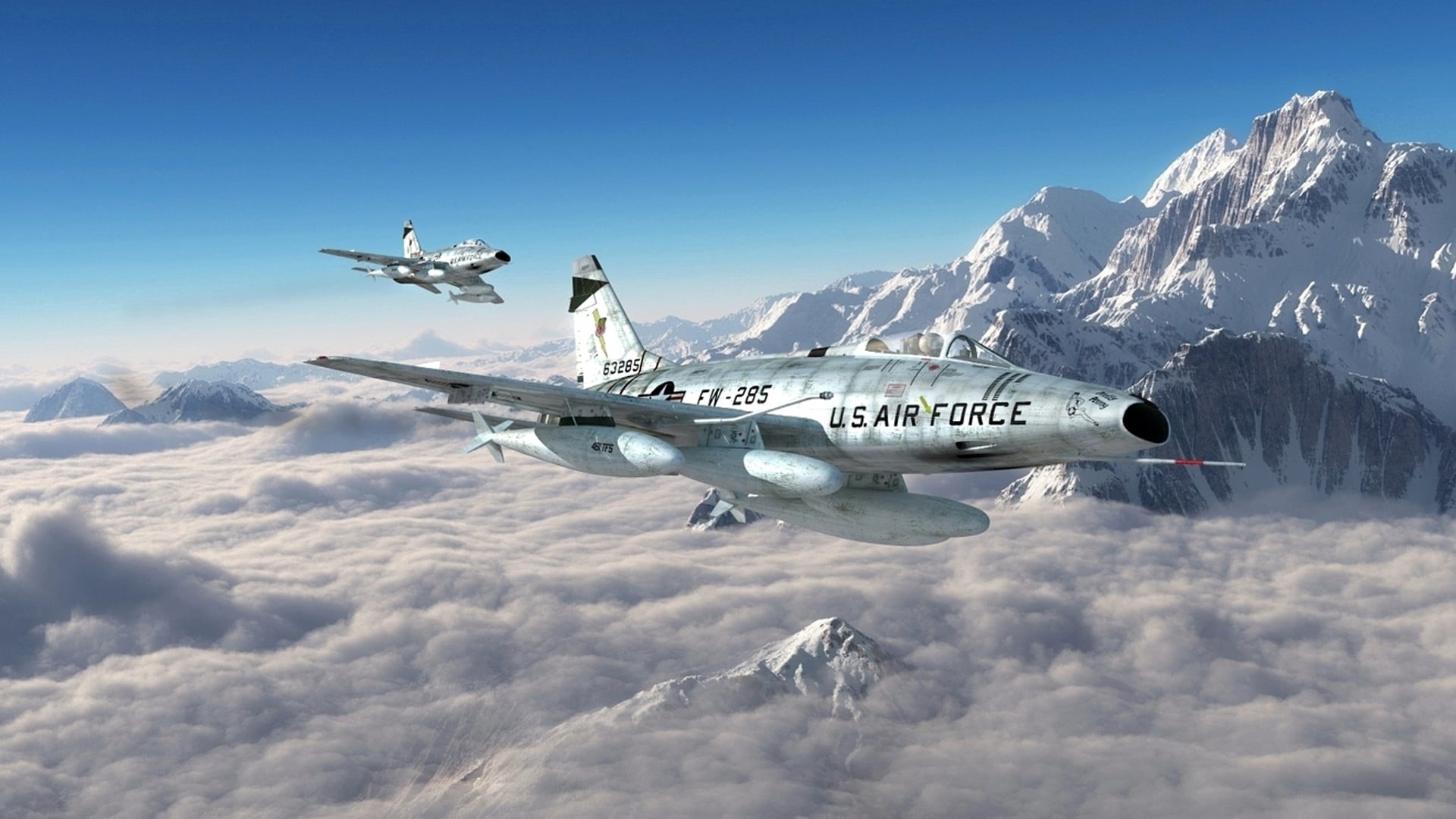 sky, gray, s, fighting, airplane, air, 1080P, art, air vehicle, flying, snowcapped mountain, cold temperature, air force, plane, F-100, military, no people, HD Wallpaper