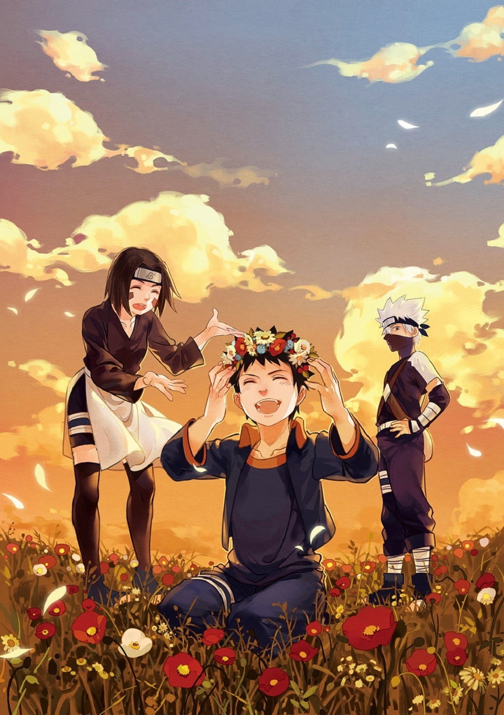 Nohara Rin, adult, land, plant, females, outdoors, field, leisure activity, 720P, young adult, Uchiha Obito, sky, Hatake Kakashi, flower, anime, people, Phone HD Wallpaper