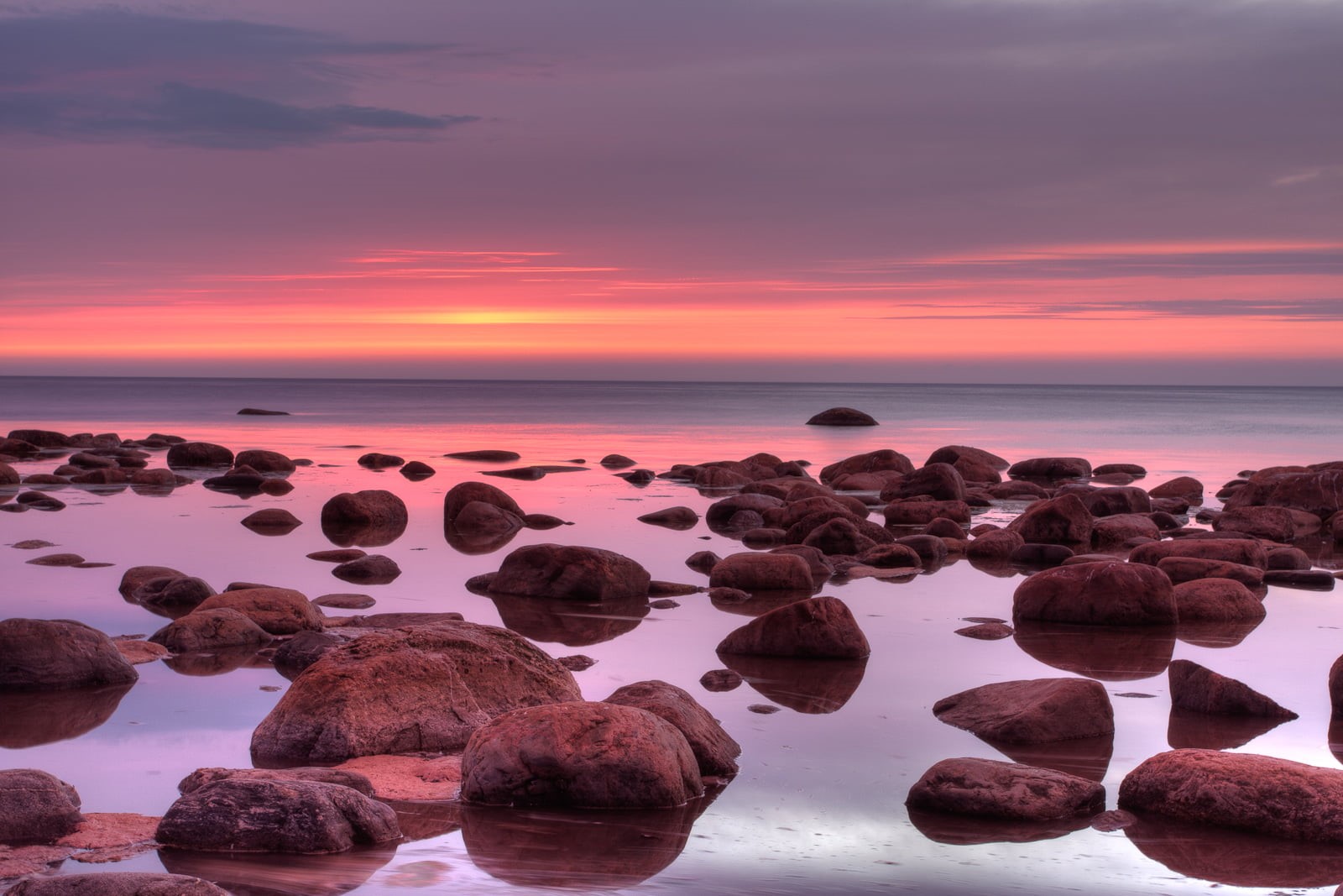 sunset, photomatix, nature, seascape, body of water, rock - Object, sky, 720P, dusk, gray, gray rocks, scenics, sea, rocks, beach, reflection, HDR, summer, HD Wallpaper