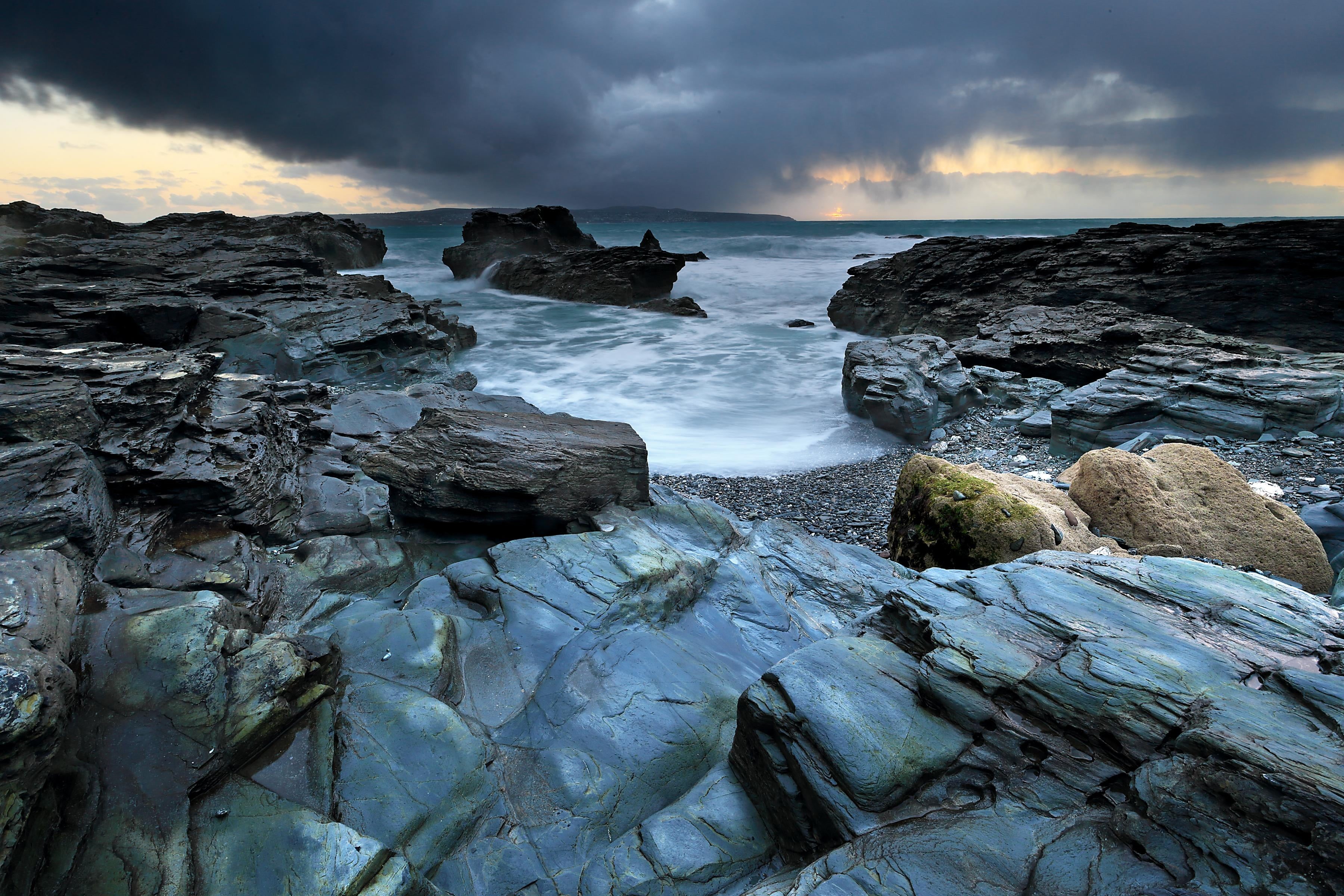 coast, 2K, St.Ives  Cornwall, nature, sunset, coastline, rock, outdoors, weather, winter, landscape, cloud - Sky, beach, wave, scenics, bodies, fragments, HD Wallpaper