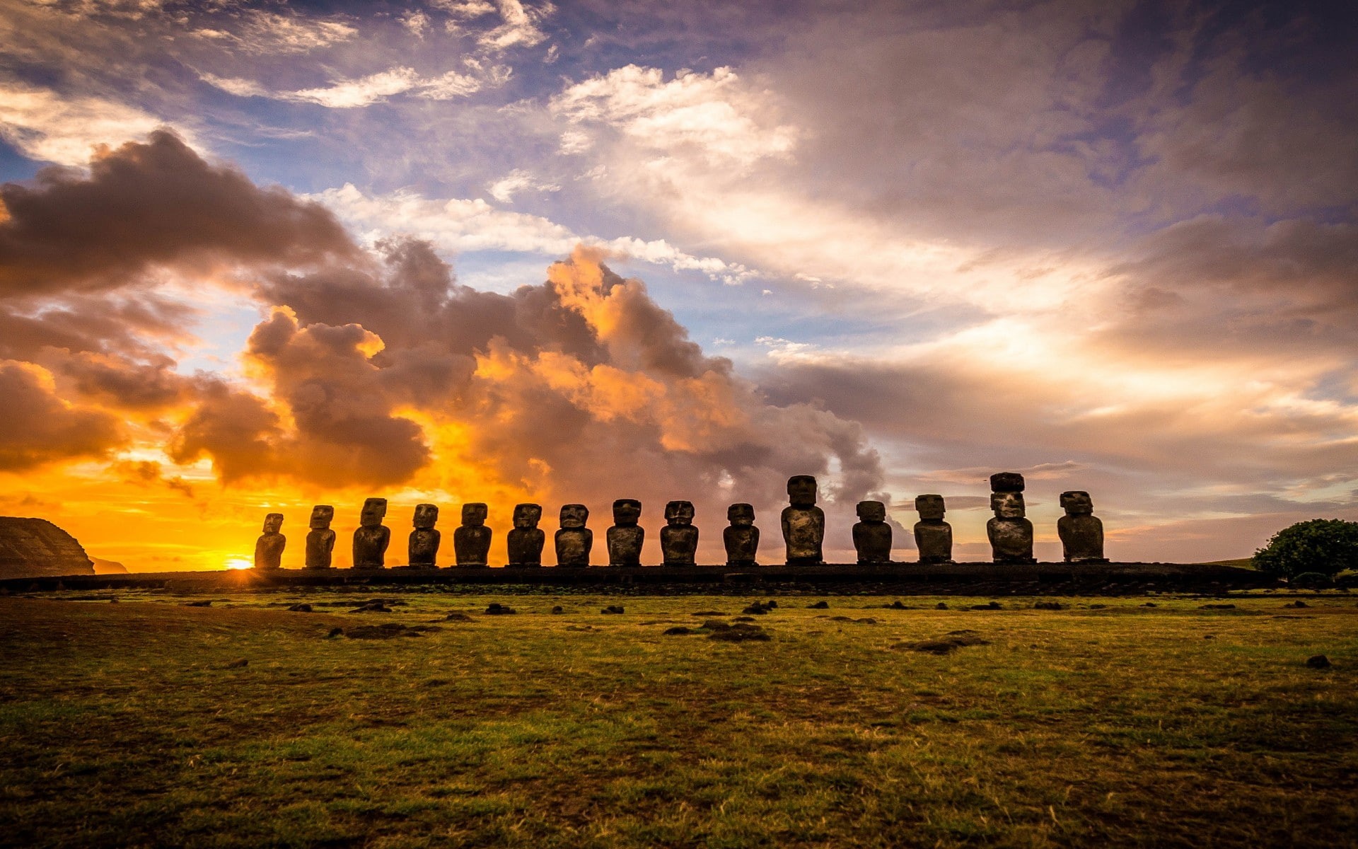 landscape, moai, rapa, nature, chile, 1080P, enigma, rapa nui, sunrise, grass, statue, island, clouds, stone, nui, heads, HD Wallpaper