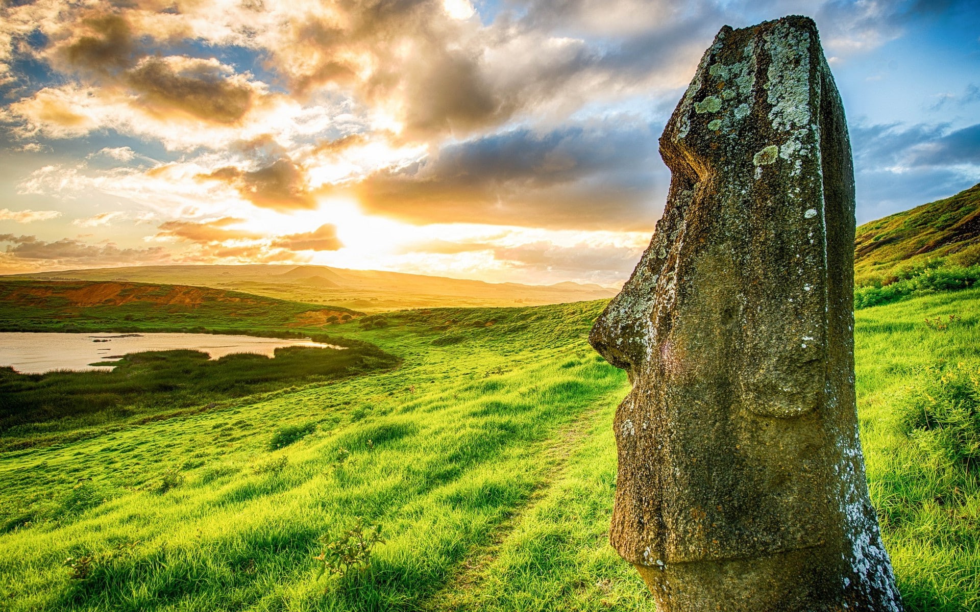 sunlight, nature, Hill, beach, sky, Rapa Nui, non-urban scene, beauty in nature, 1080P, field, outdoors, tree, scenics - nature, grass, Moai, Enigma, World Heritage Site, HD Wallpaper