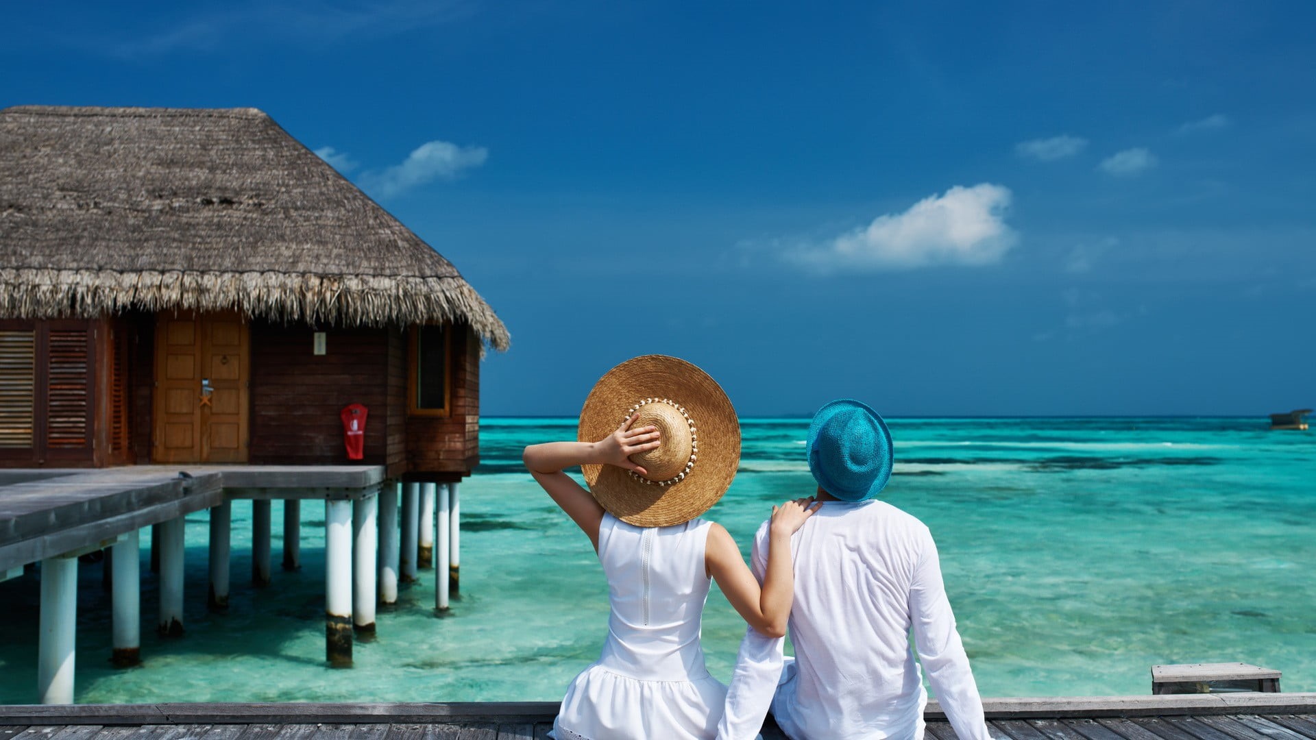 water, pier, two people, built structure, casual clothing, leisure activity, clothing, nature, rear view, lifestyles, white, blue, hat, outdoors, 1080P, HD Wallpaper