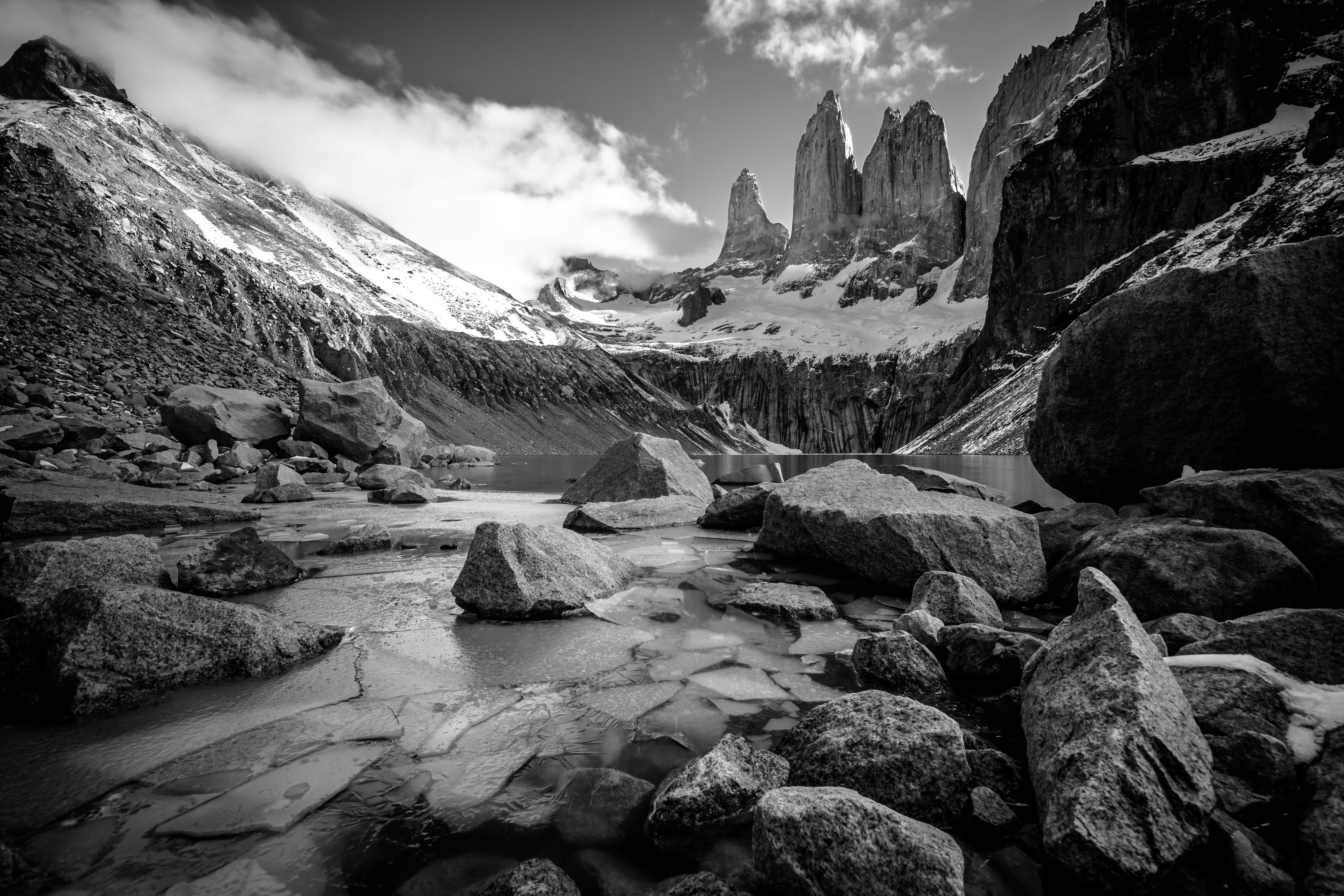 torres, scenics, photography, mountain, 5K, stone, mountains, Torres del Paine  Chile, las, outdoors, nature, scale, gray scale, Base, dolomites, landscape, HD Wallpaper